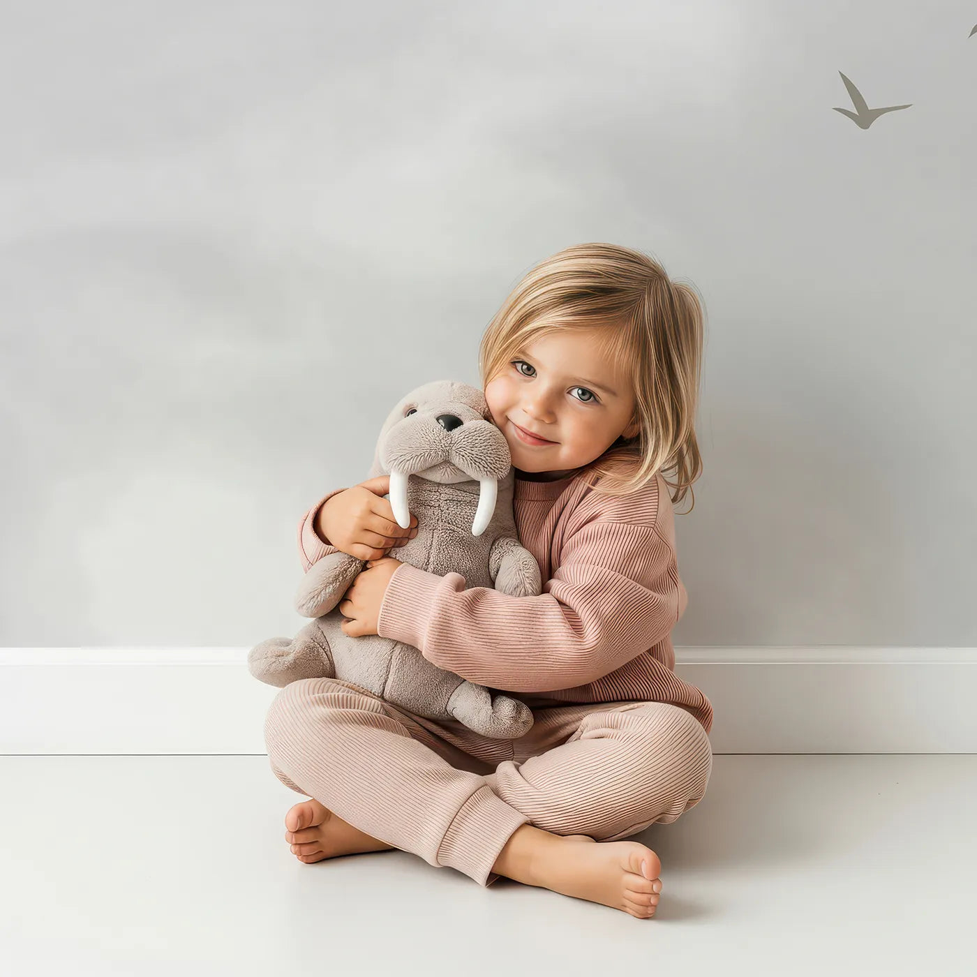 Child in front of Whimsy Tots Monochrome Balloon Festival Wall Mural with balloon, hot air balloon, animal, blossom, sky, vintage, neutral, gray in design.