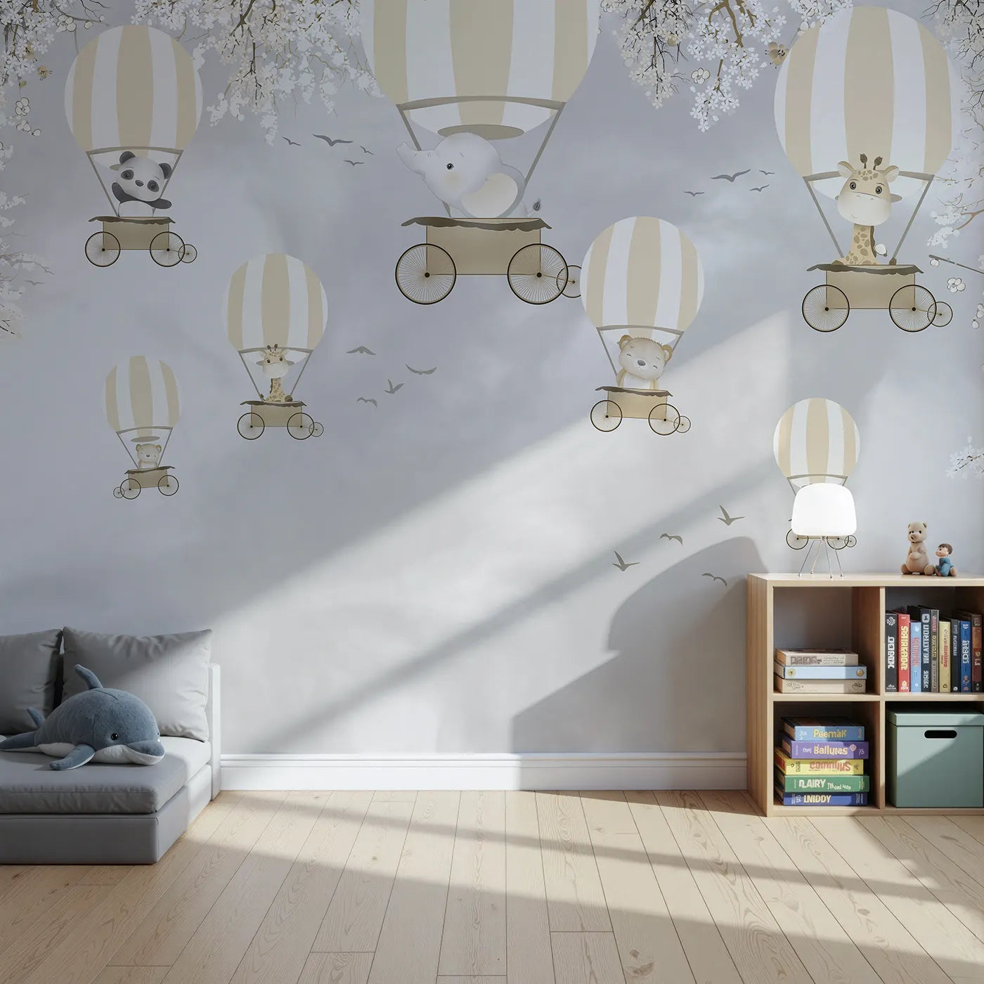 Front view of Whimsy Tots' Monochrome Balloon Festival Wall Mural