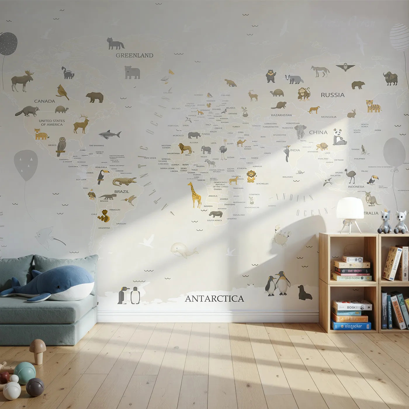 Front view of Whimsy Tots' Neutral Animal World Map Wall Mural