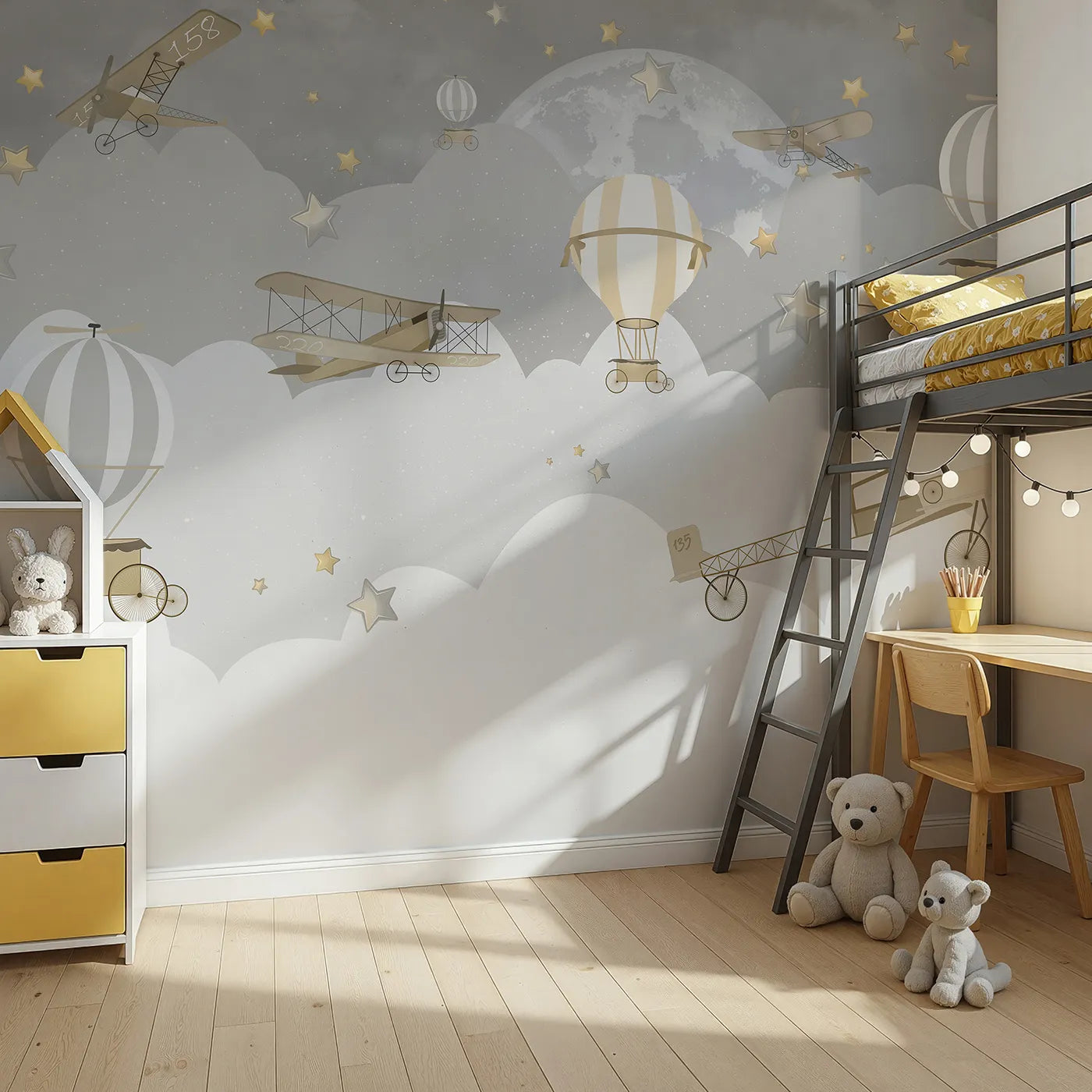 Angled view of Whimsy Tots' Gray Night Flight Wall Mural (Turn Their Room into a Magical, Moonlit Adventure).Gender-Neutral