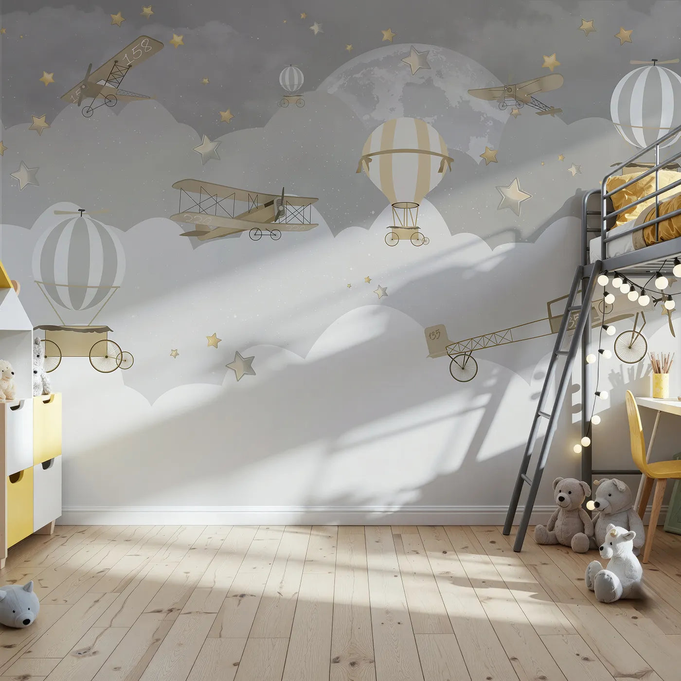 Front view of Whimsy Tots' Gray Night Flight Wall Mural