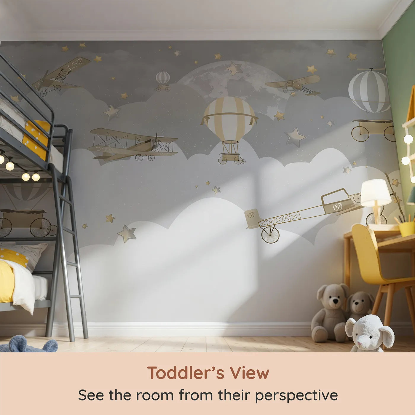 Whimsy Tots Gray Night Flight Wall Mural (Turn Their Room into a Magical, Moonlit Adventure) from your child's view.Gender-Neutral