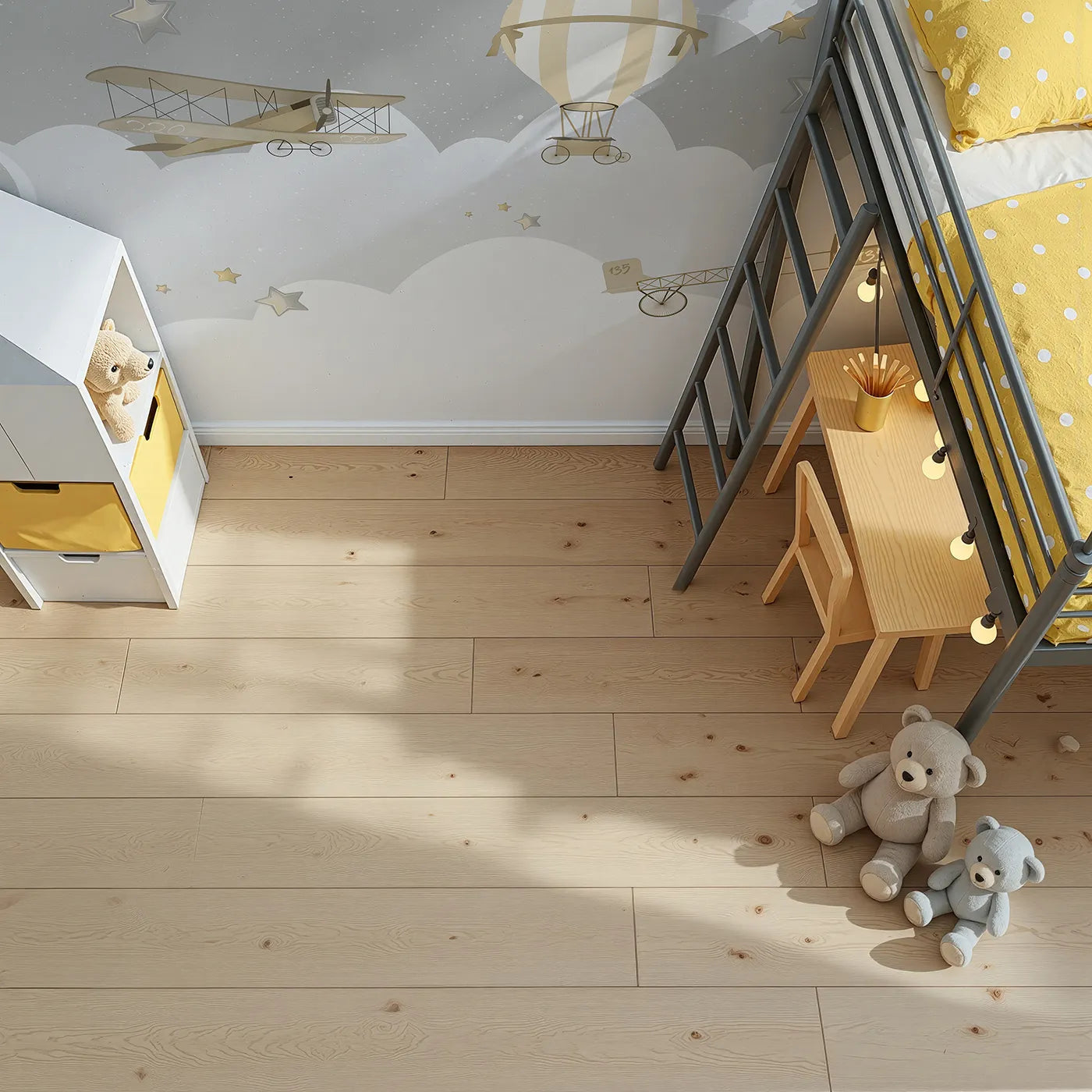 Top-down view of Whimsy Tots' Gray Night Flight Wall Mural (Turn Their Room into a Magical, Moonlit Adventure).Gender-Neutral