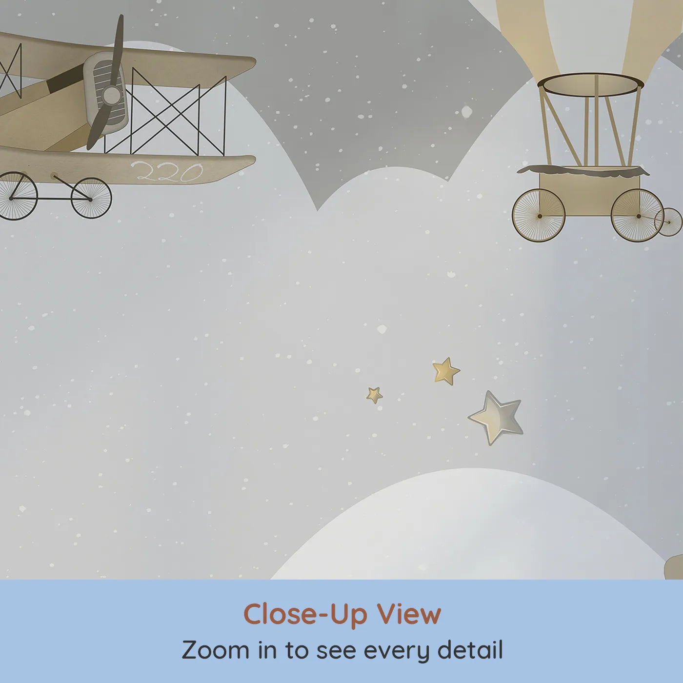 Close-up view of Whimsy Tots' Gray Night Flight Wall Mural (Turn Their Room into a Magical, Moonlit Adventure).Gender-Neutral