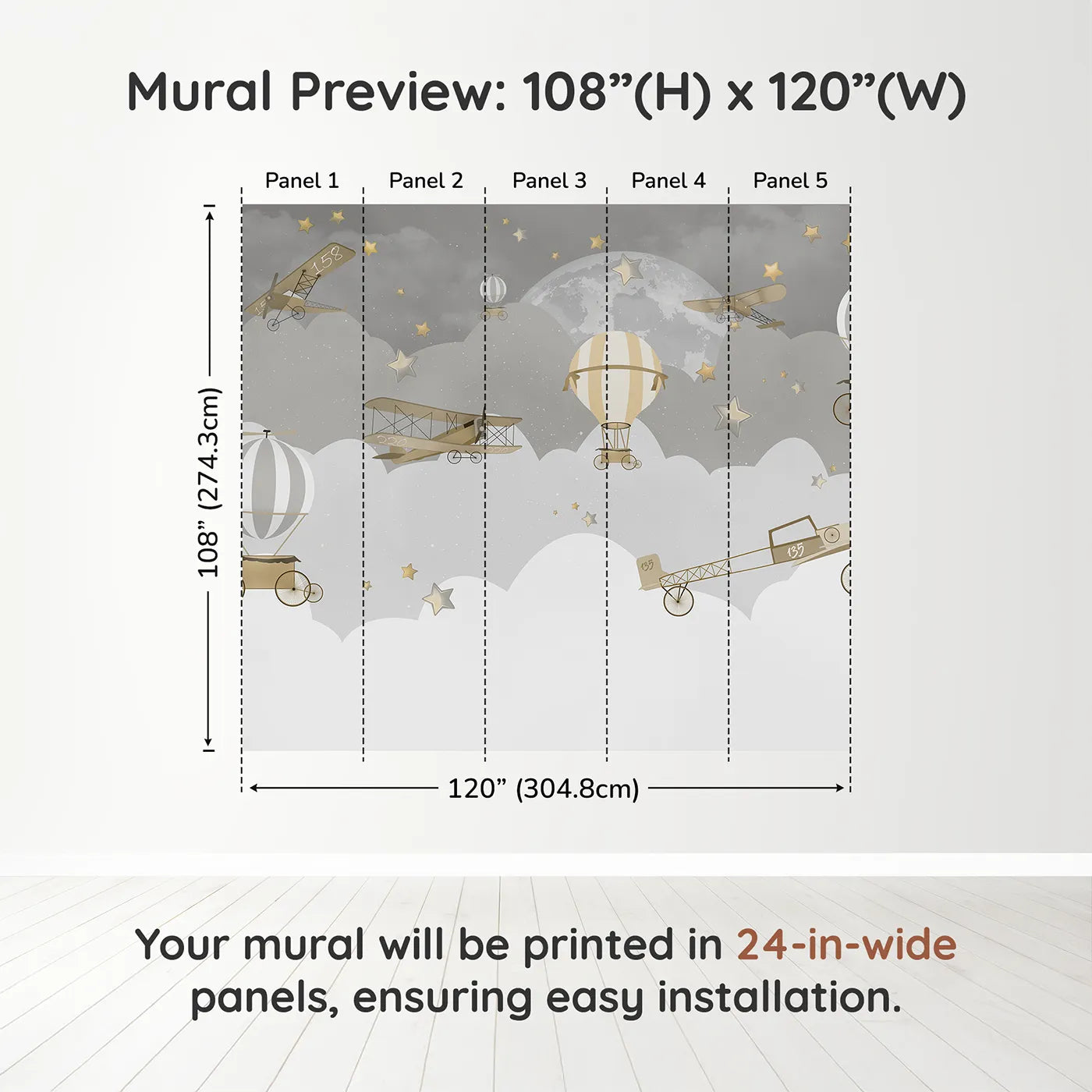Whimsy Tots Gray Night Flight Wall Muraldimension view (108" H x 120" W). Printed in five 24-inch-wide panels. Gender-Neutral