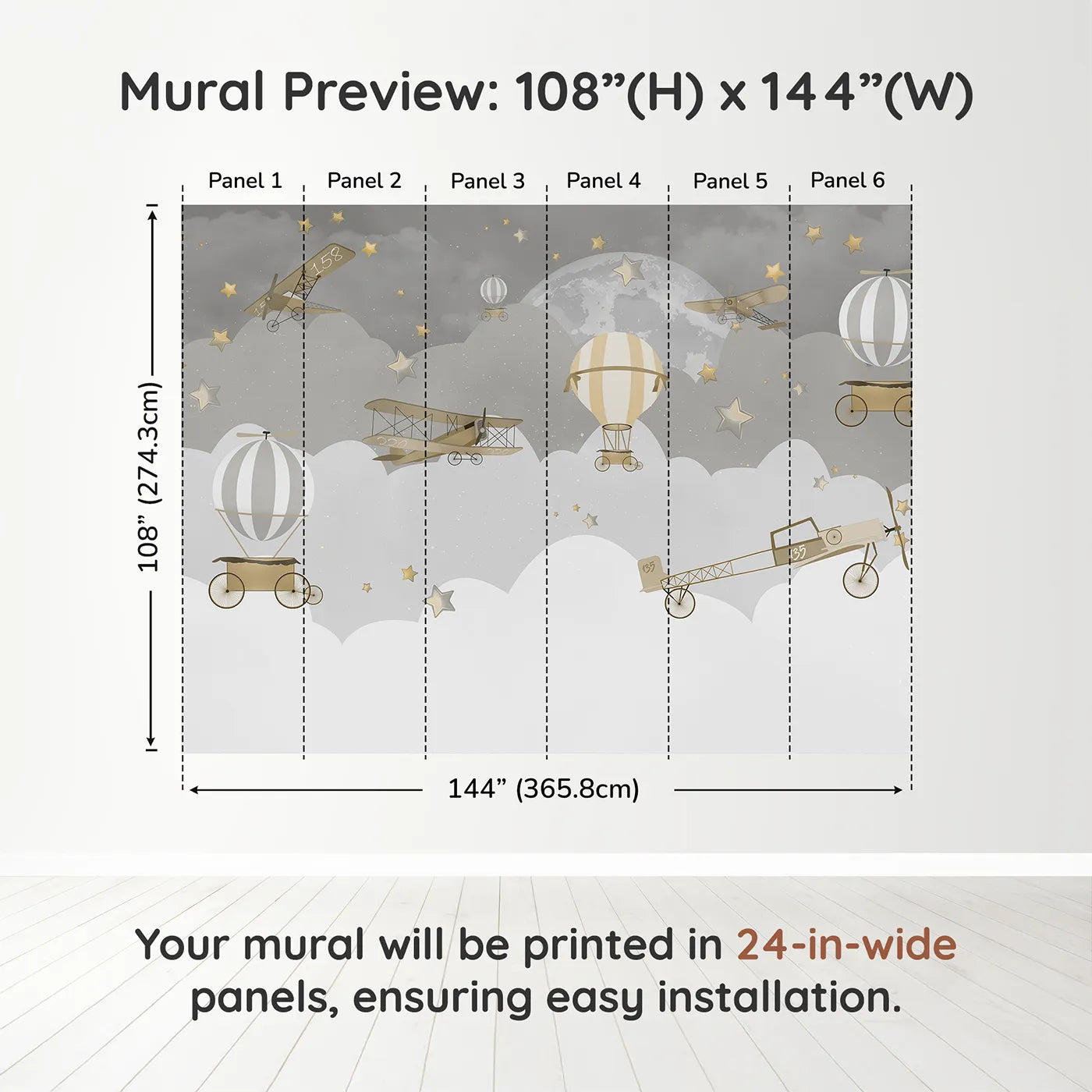 Whimsy Tots Gray Night Flight Wall Muraldimension view (108" H x 144" W). Printed in six 24-inch-wide panels. Gender-Neutral