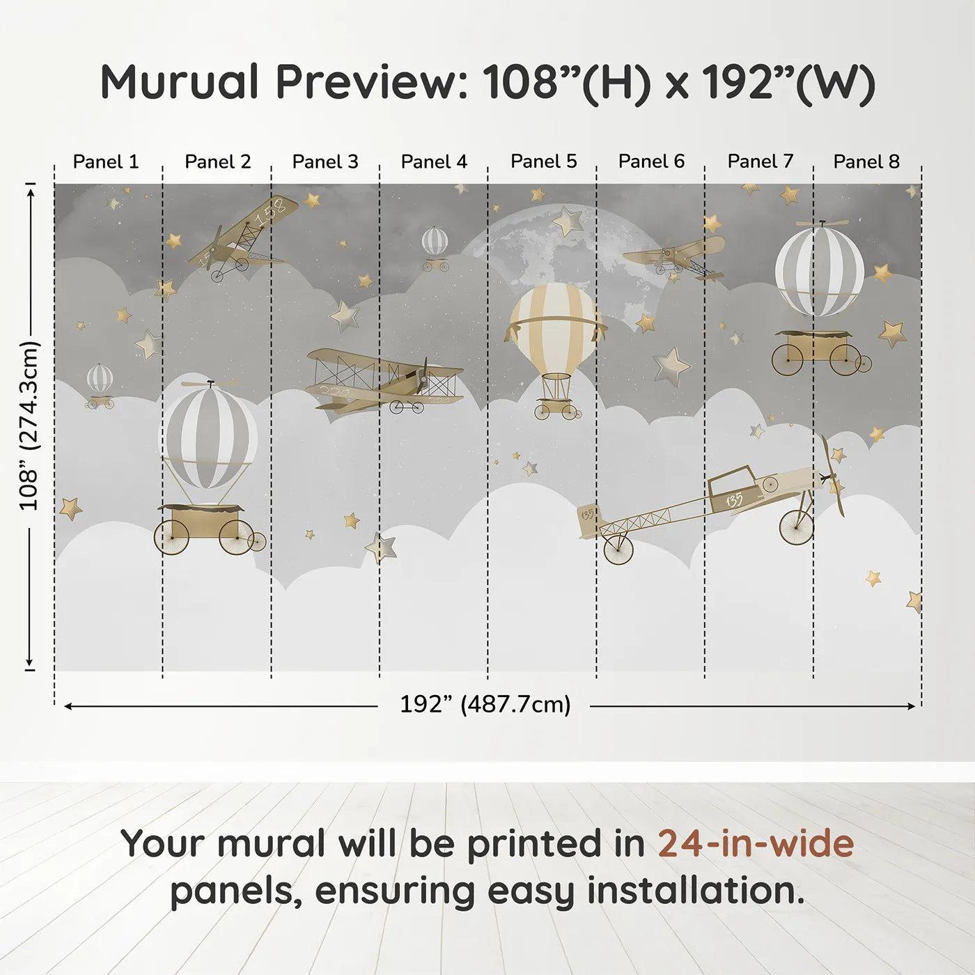 Whimsy Tots Gray Night Flight Wall Muraldimension view (108" H x 192" W). Printed in eight 24-inch-wide panels. Gender-Neutral