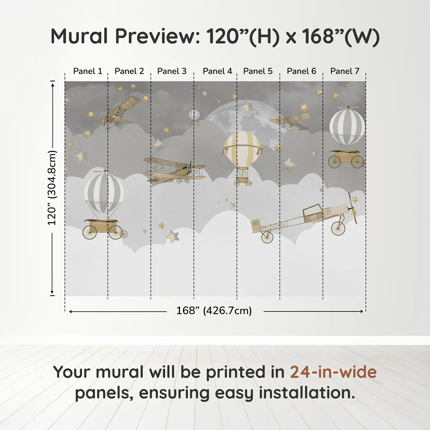 Whimsy Tots Gray Night Flight Wall Muraldimension view (120" H x 168" W). Printed in seven 24-inch-wide panels. Gender-Neutral
