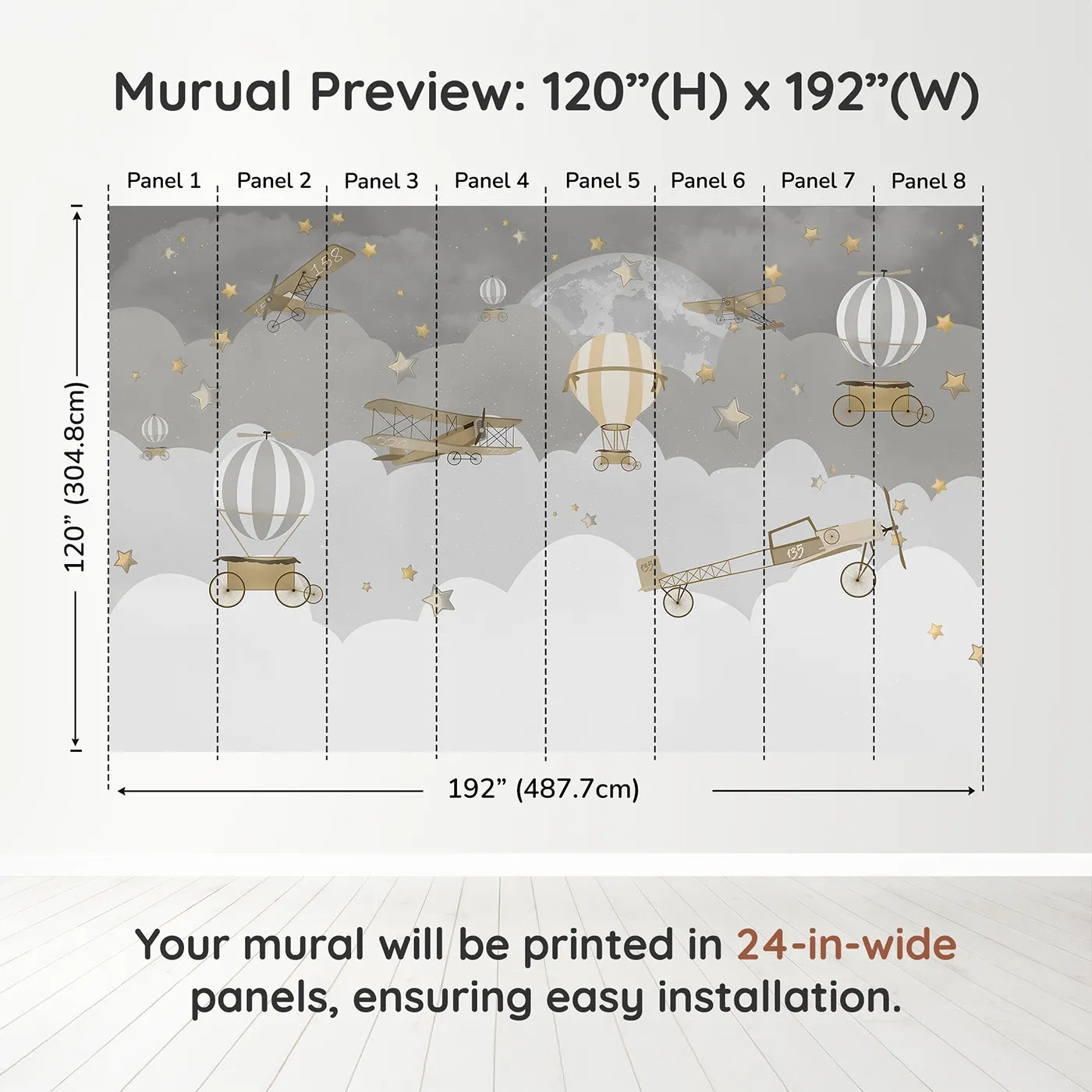 Whimsy Tots Gray Night Flight Wall Muraldimension view (120" H x 192" W). Printed in eight 24-inch-wide panels. Gender-Neutral
