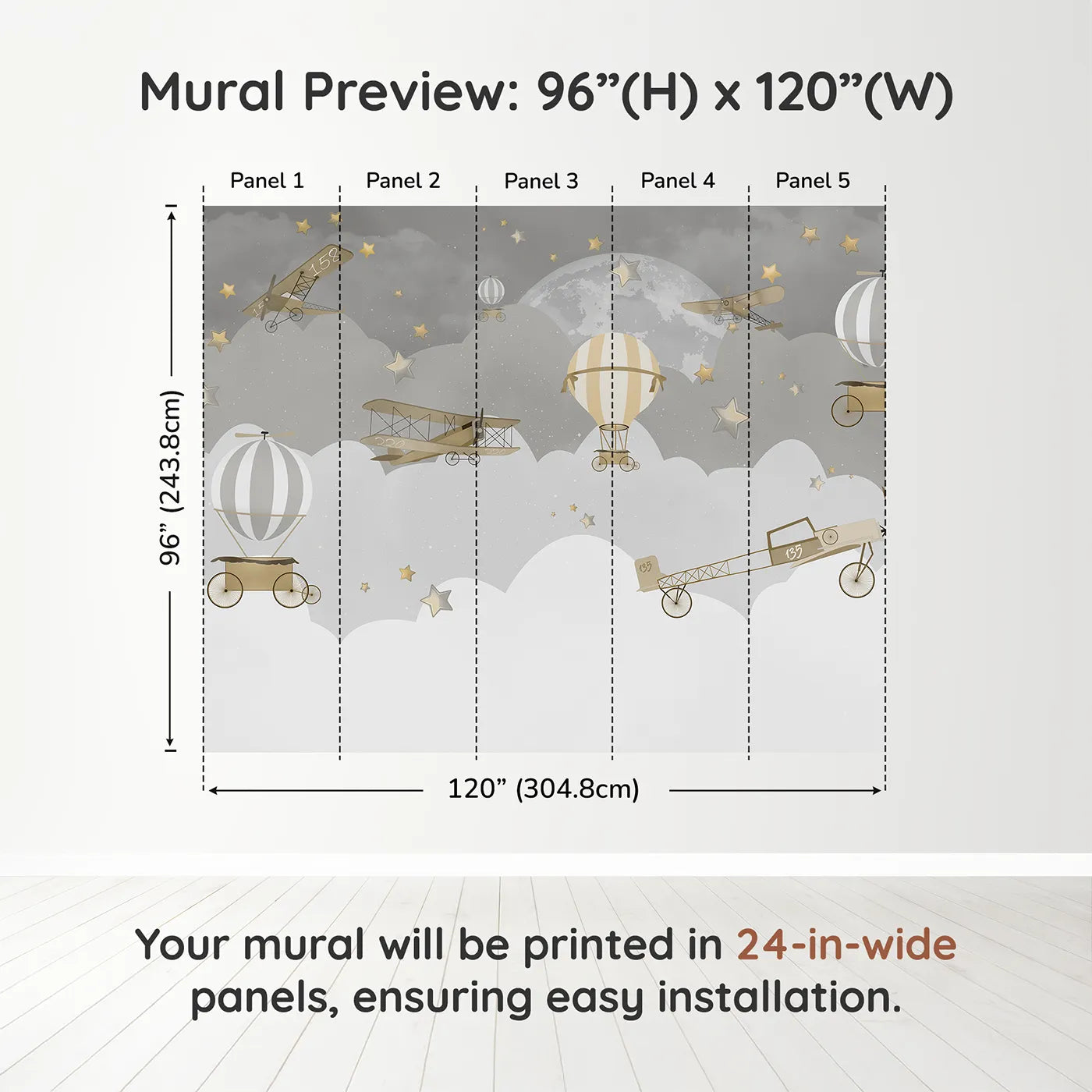 Whimsy Tots Gray Night Flight Wall Muraldimension view (96" H x 120" W). Printed in five 24-inch-wide panels. Gender-Neutral