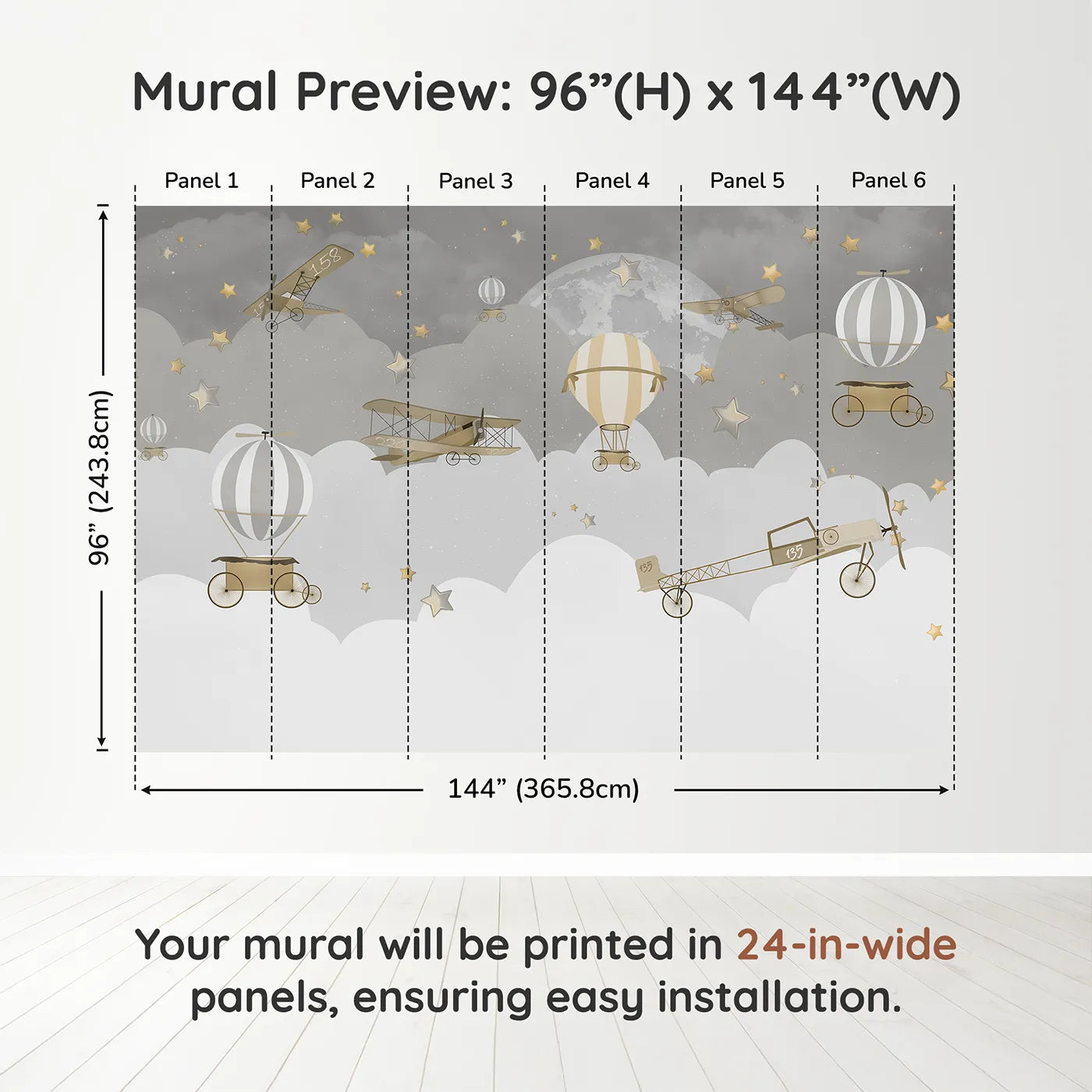 Whimsy Tots Gray Night Flight Wall Muraldimension view (96" H x 144" W). Printed in six 24-inch-wide panels. Gender-Neutral