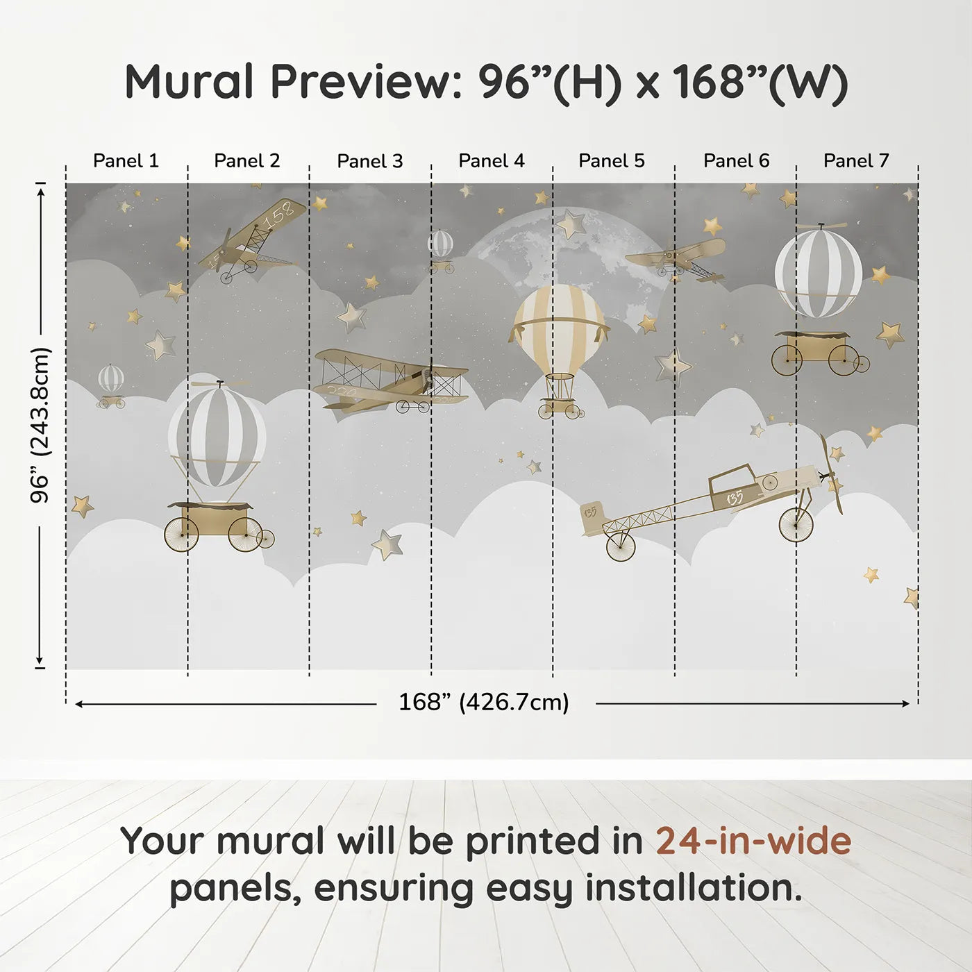 Whimsy Tots Gray Night Flight Wall Muraldimension view (96" H x 168" W). Printed in seven 24-inch-wide panels. Gender-Neutral