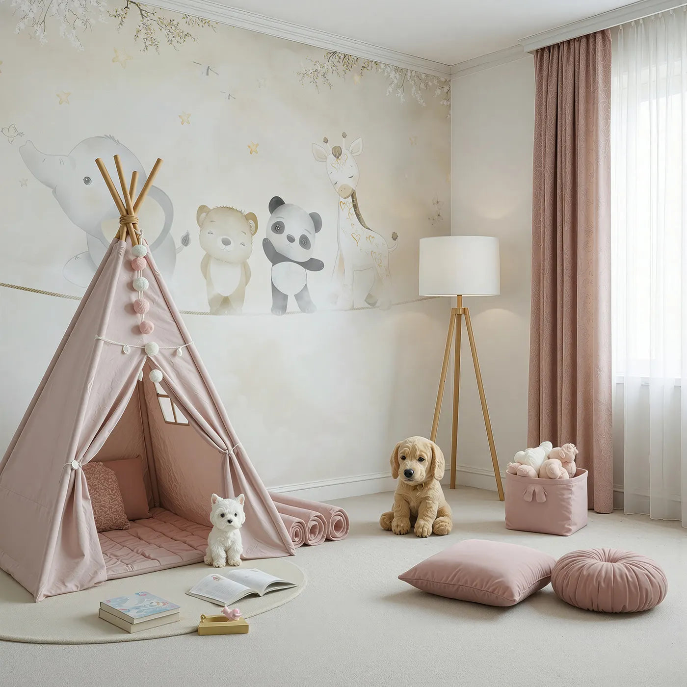 Angled view of Whimsy Tots' Safari Friends on a Wire Wall Mural (Turn Their Room into the Sweetest High-Wire Act).Gender-Neutral