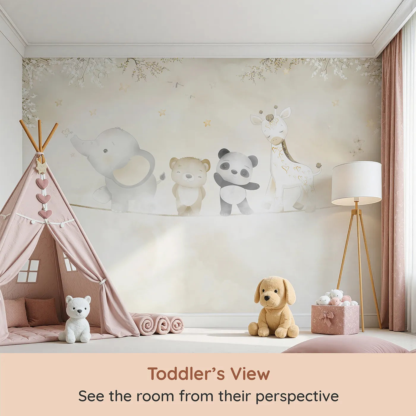 Whimsy Tots Safari Friends on a Wire Wall Mural (Turn Their Room into the Sweetest High-Wire Act) from your child's view.Gender-Neutral