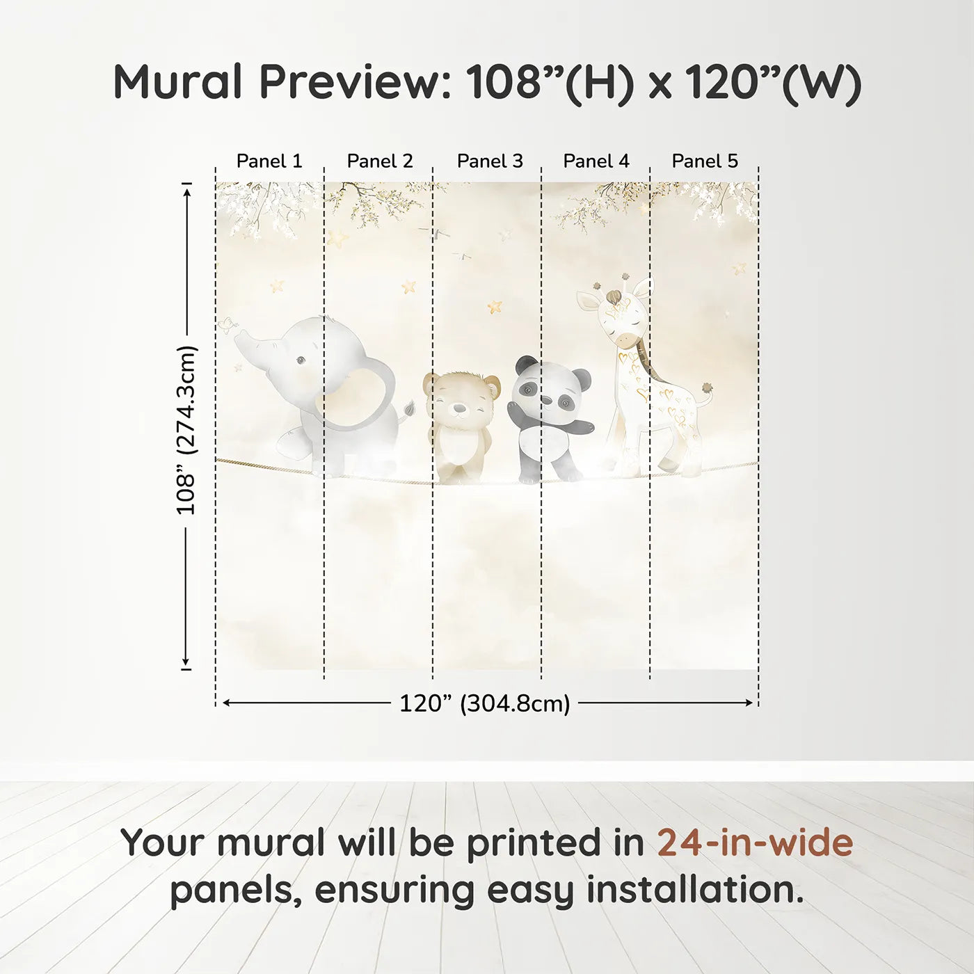 Whimsy Tots Safari Friends on a Wire Wall Muraldimension view (108" H x 120" W). Printed in five 24-inch-wide panels. Gender-Neutral