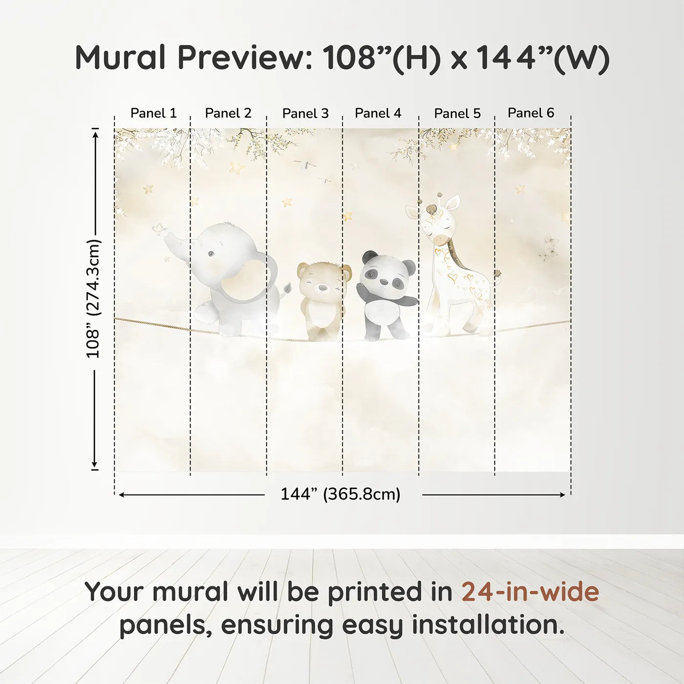 Whimsy Tots Safari Friends on a Wire Wall Muraldimension view (108" H x 144" W). Printed in six 24-inch-wide panels. Gender-Neutral