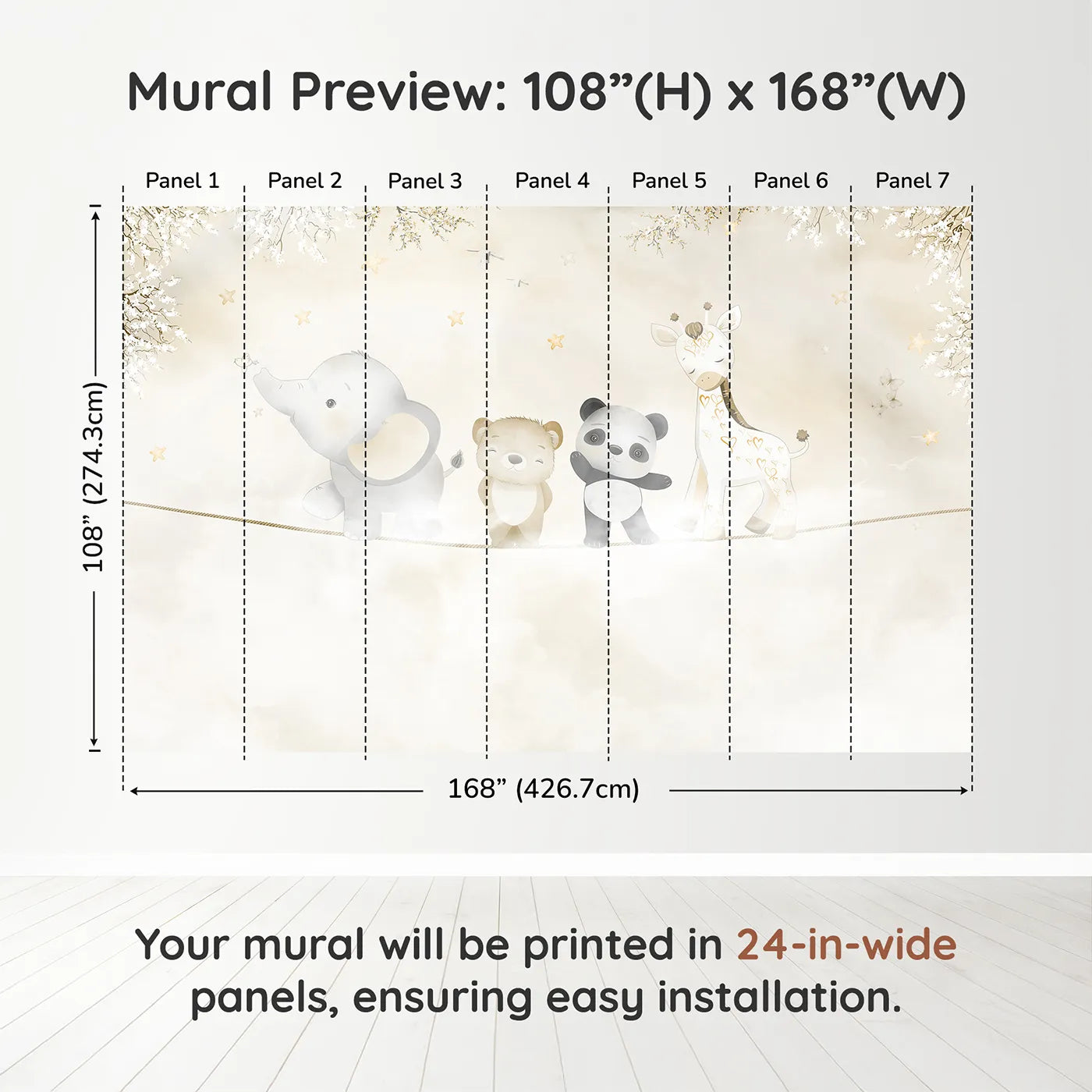 Whimsy Tots Safari Friends on a Wire Wall Muraldimension view (108" H x 168" W). Printed in seven 24-inch-wide panels. Gender-Neutral