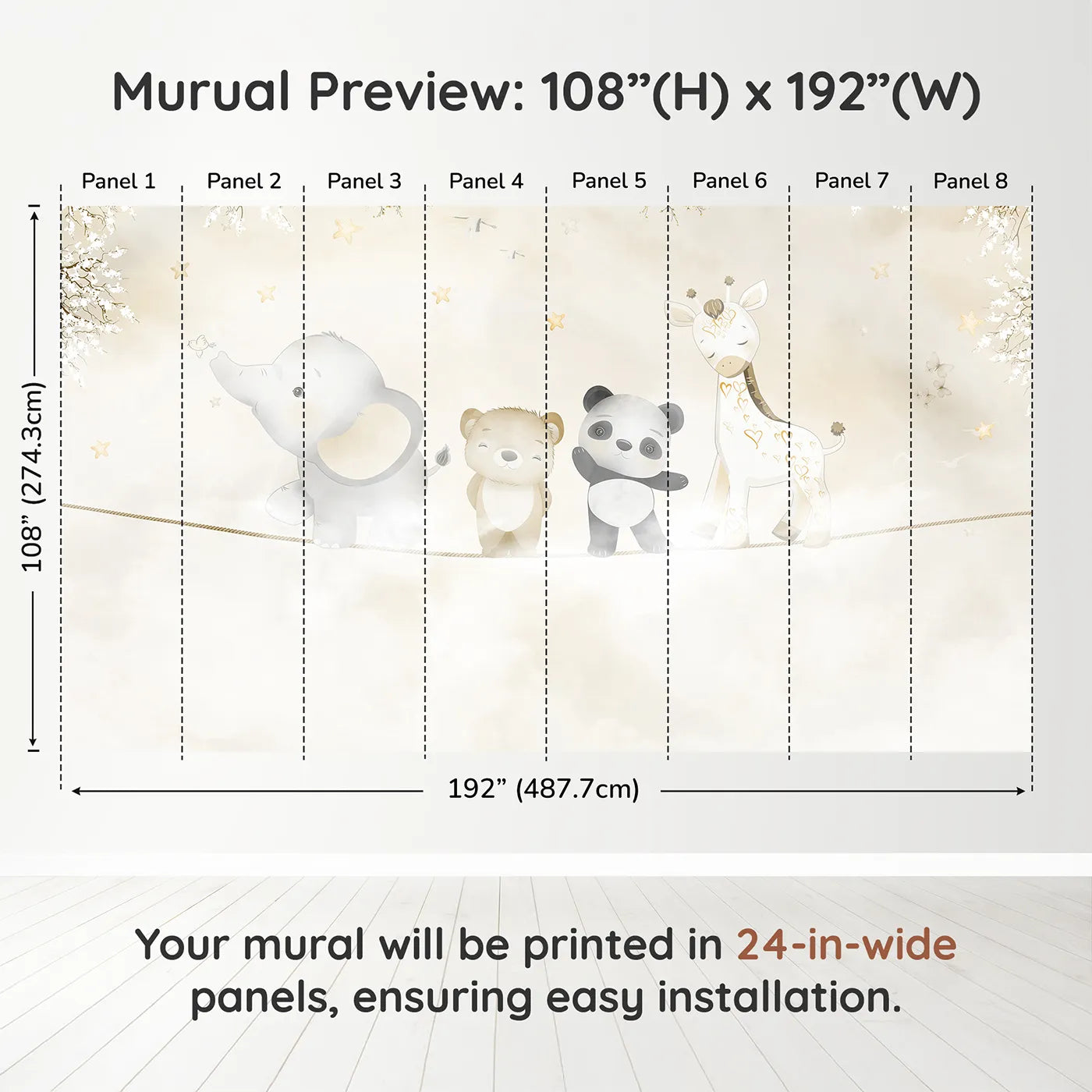 Whimsy Tots Safari Friends on a Wire Wall Muraldimension view (108" H x 192" W). Printed in eight 24-inch-wide panels. Gender-Neutral