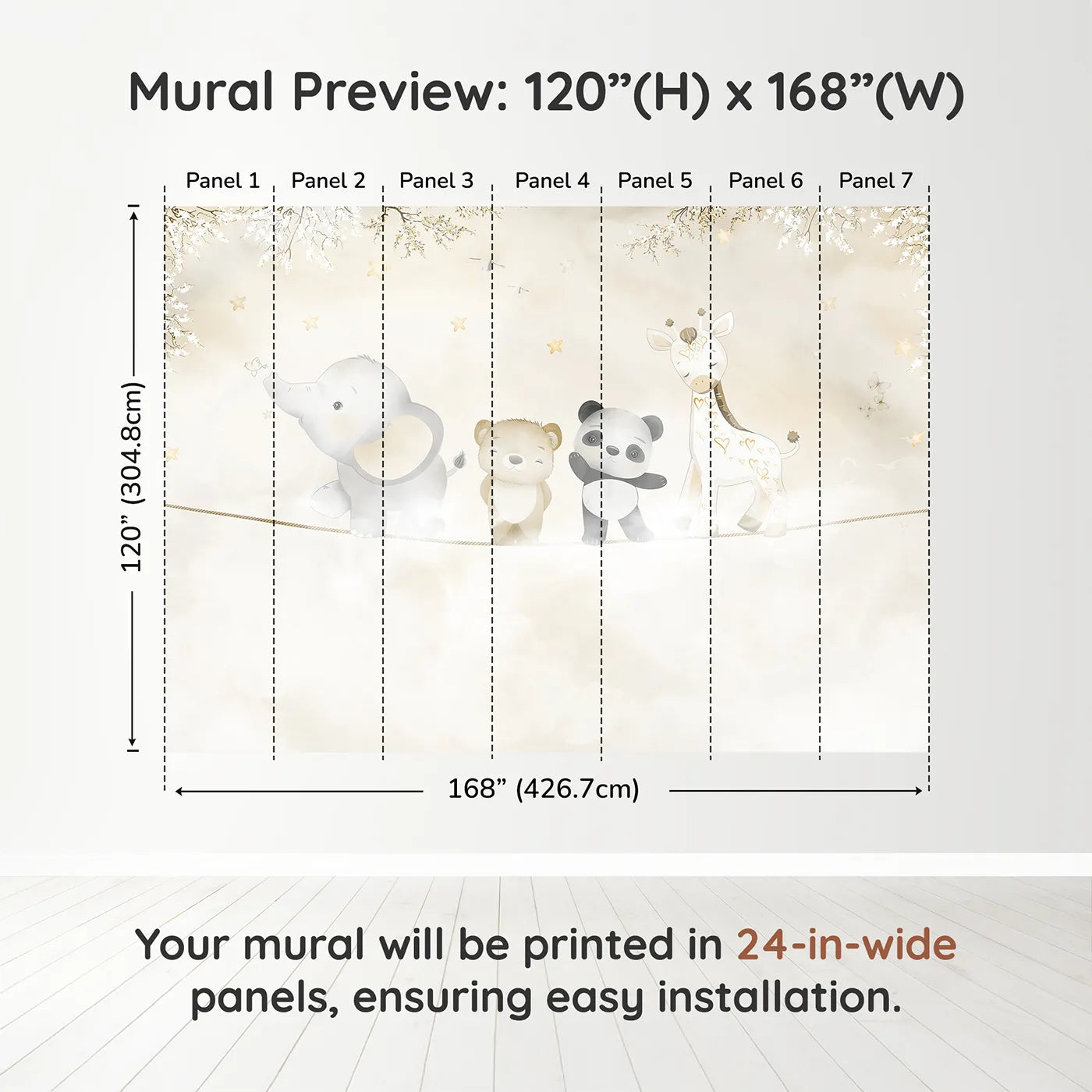 Whimsy Tots Safari Friends on a Wire Wall Muraldimension view (120" H x 168" W). Printed in seven 24-inch-wide panels. Gender-Neutral