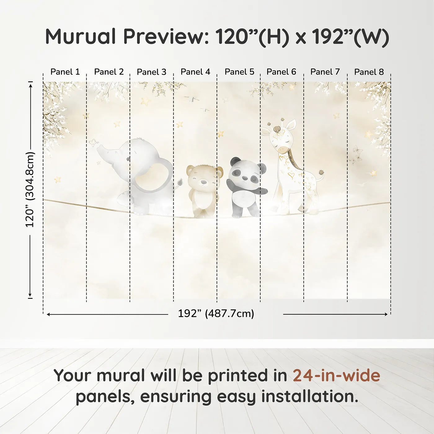Whimsy Tots Safari Friends on a Wire Wall Muraldimension view (120" H x 192" W). Printed in eight 24-inch-wide panels. Gender-Neutral