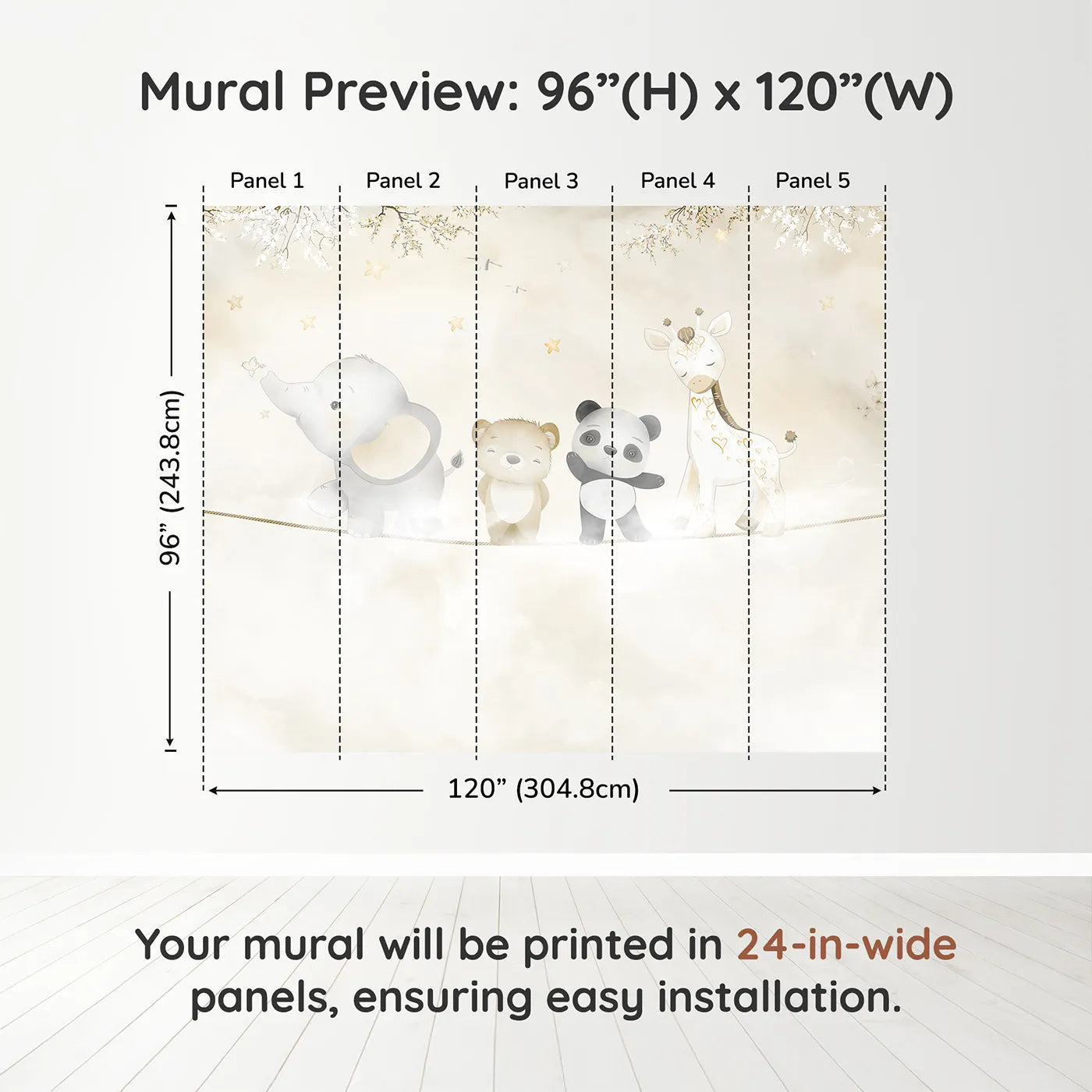 Whimsy Tots Safari Friends on a Wire Wall Muraldimension view (96" H x 120" W). Printed in five 24-inch-wide panels. Gender-Neutral