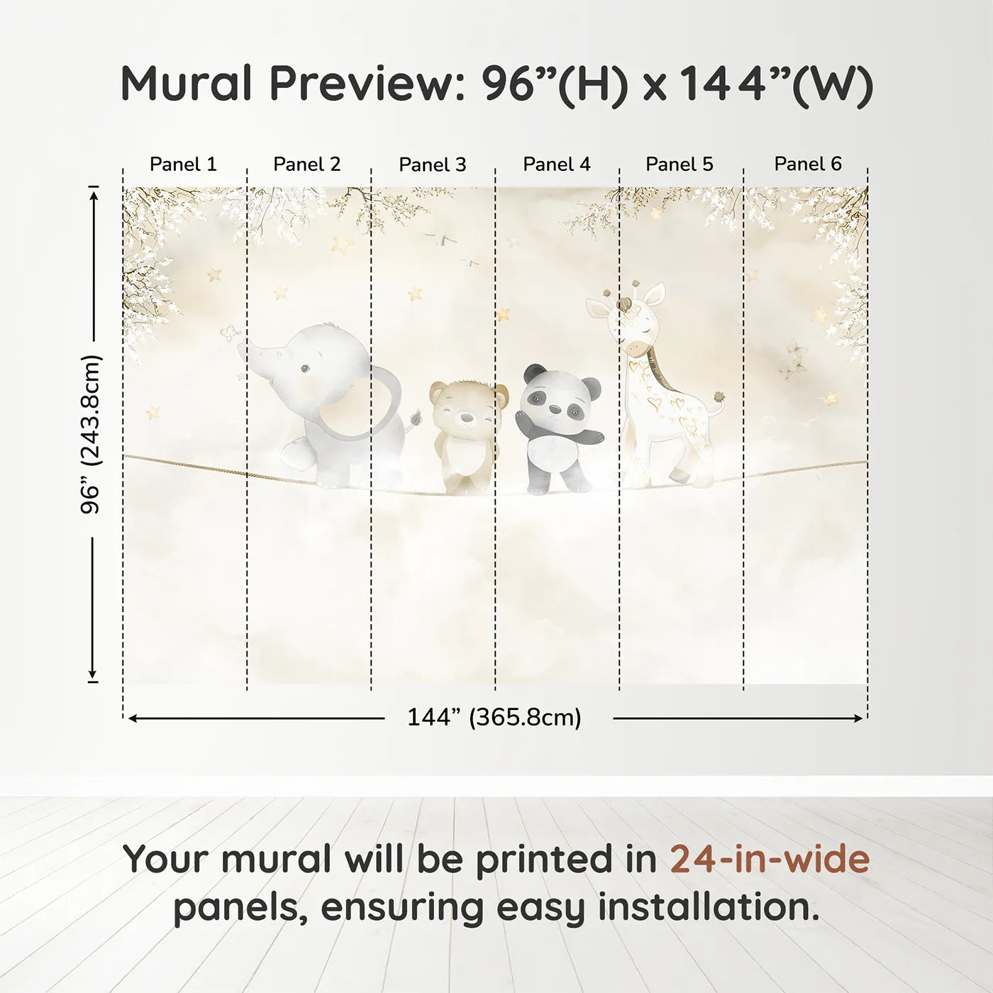 Whimsy Tots Safari Friends on a Wire Wall Muraldimension view (96" H x 144" W). Printed in six 24-inch-wide panels. Gender-Neutral