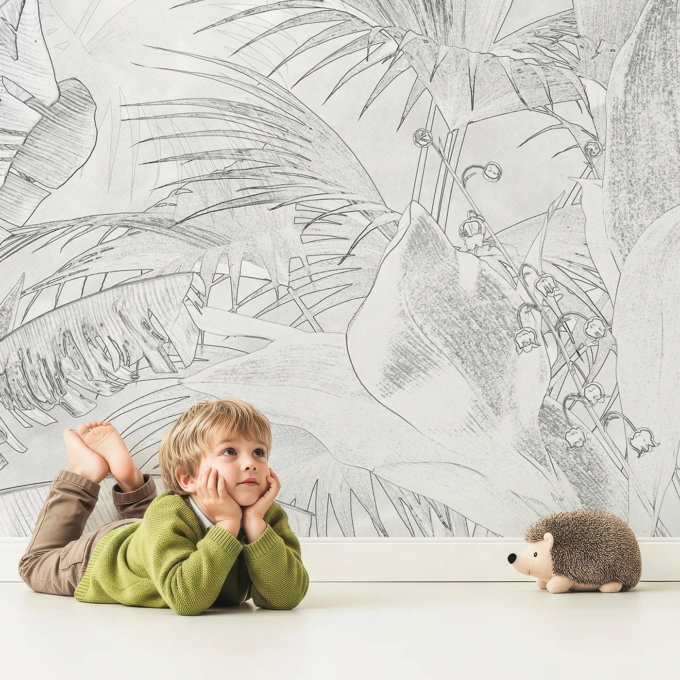 Child in front of Whimsy Tots Tropical Line Art Wall Mural with tropical, leaf, line art, sketch, jungle, gray, minimalist, modern in design.