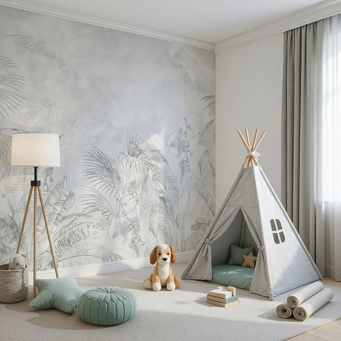 Angled view of Whimsy Tots' Tropical Line Art Wall Mural (Turn Their Room into a Minimalist Jungle Sketch).Gender-Neutral