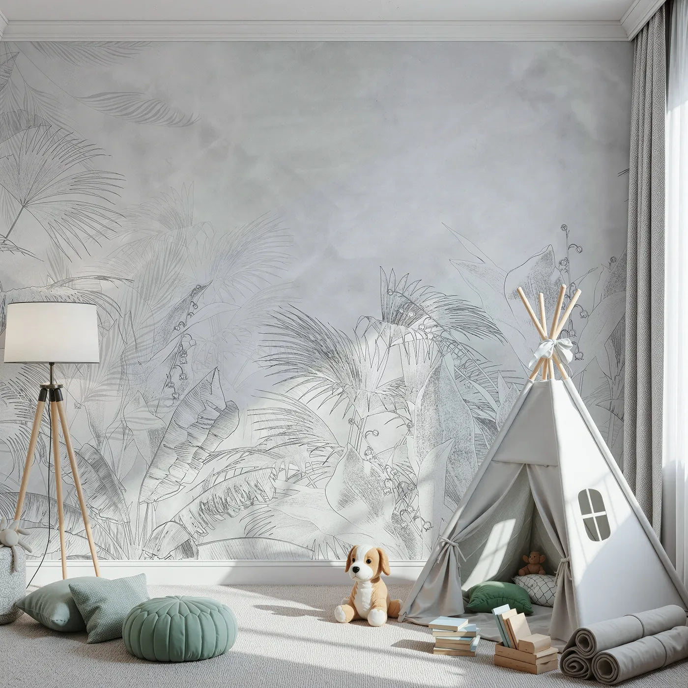Front view of Whimsy Tots' Tropical Line Art Wall Mural