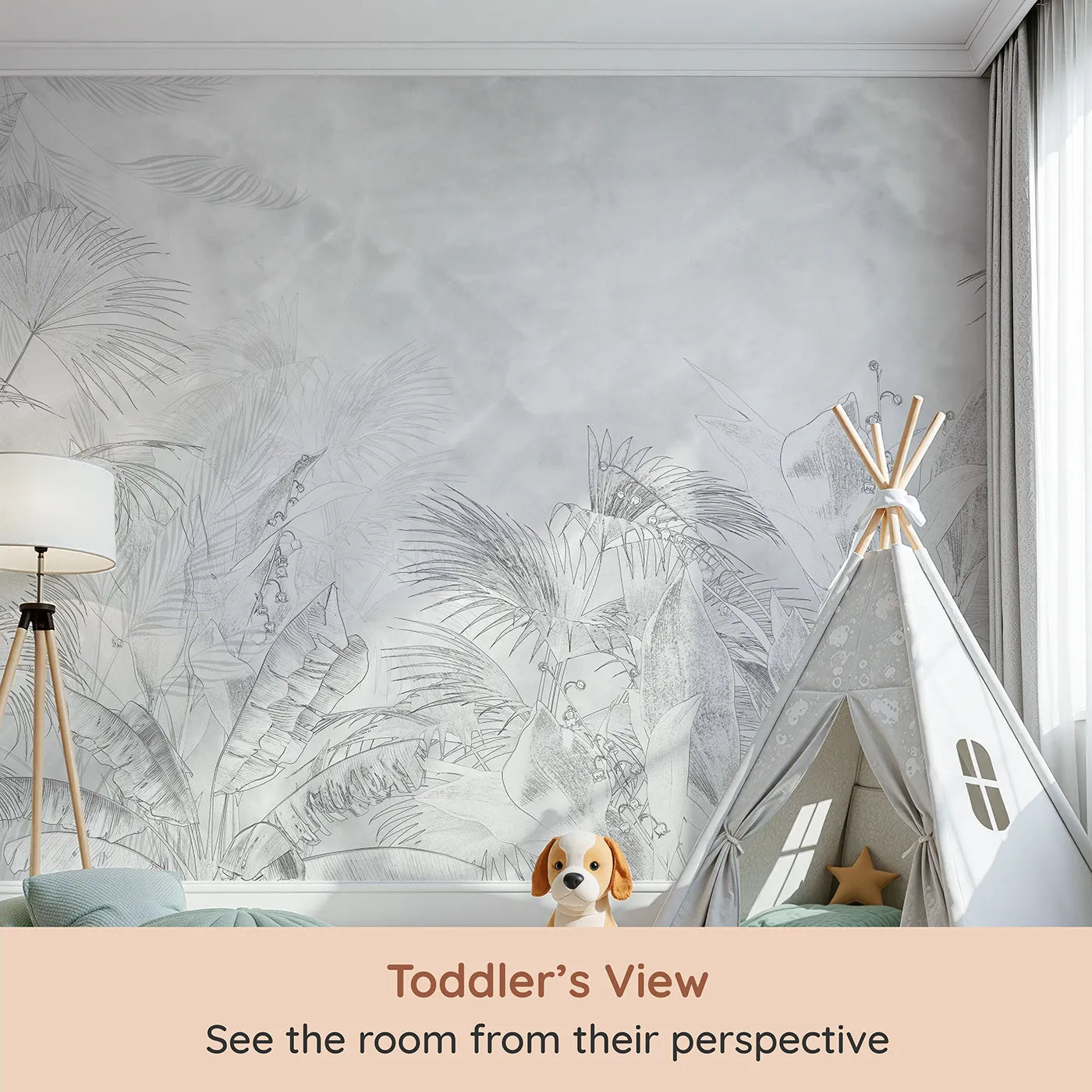 Whimsy Tots Tropical Line Art Wall Mural (Turn Their Room into a Minimalist Jungle Sketch) from your child's view.Gender-Neutral