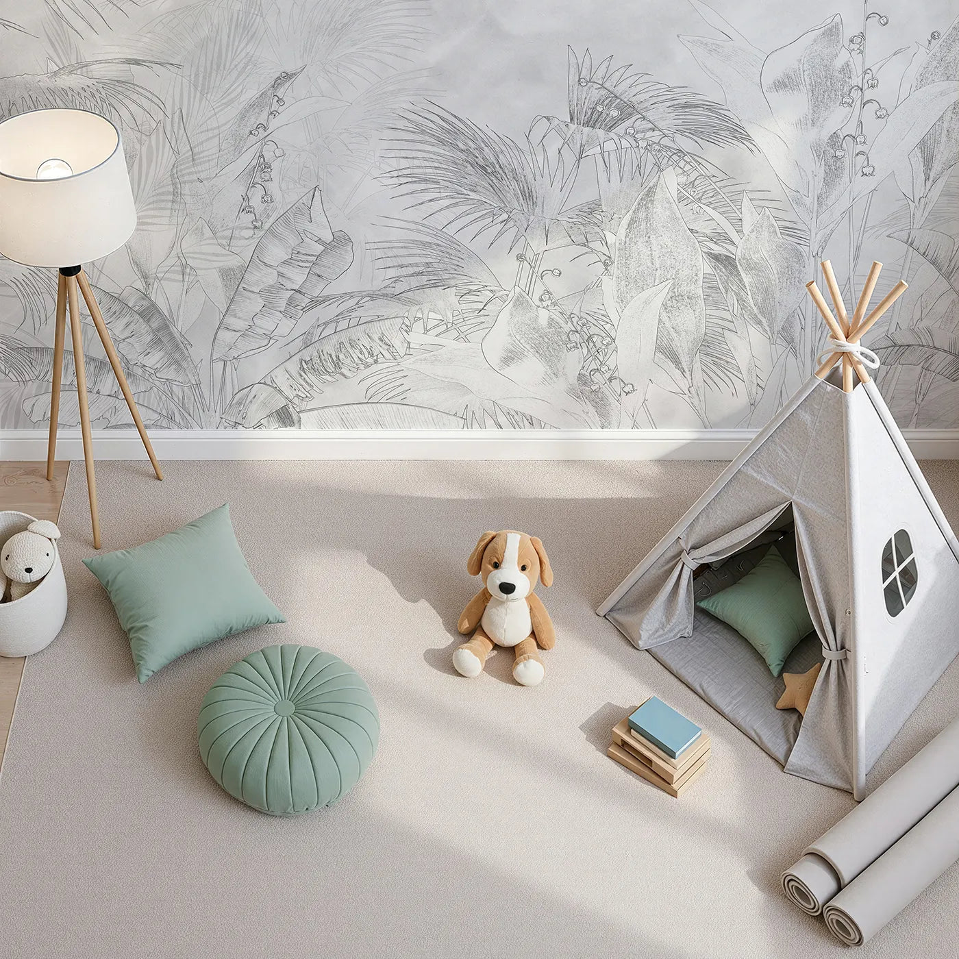 Top-down view of Whimsy Tots' Tropical Line Art Wall Mural (Turn Their Room into a Minimalist Jungle Sketch).Gender-Neutral