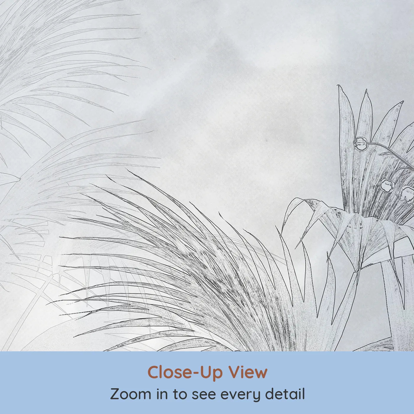 Close-up view of Whimsy Tots' Tropical Line Art Wall Mural (Turn Their Room into a Minimalist Jungle Sketch).Gender-Neutral