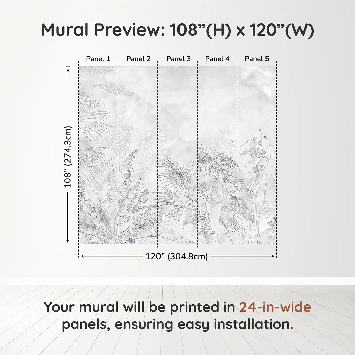 Whimsy Tots Tropical Line Art Wall Muraldimension view (108" H x 120" W). Printed in five 24-inch-wide panels. Gender-Neutral