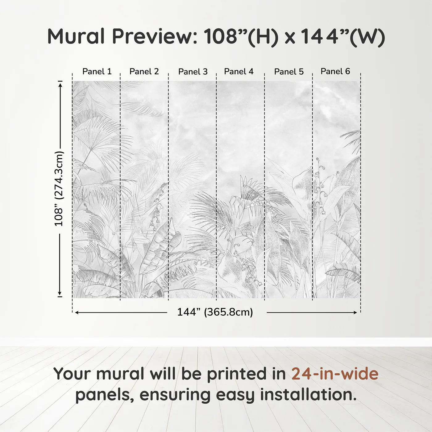 Whimsy Tots Tropical Line Art Wall Muraldimension view (108" H x 144" W). Printed in six 24-inch-wide panels. Gender-Neutral