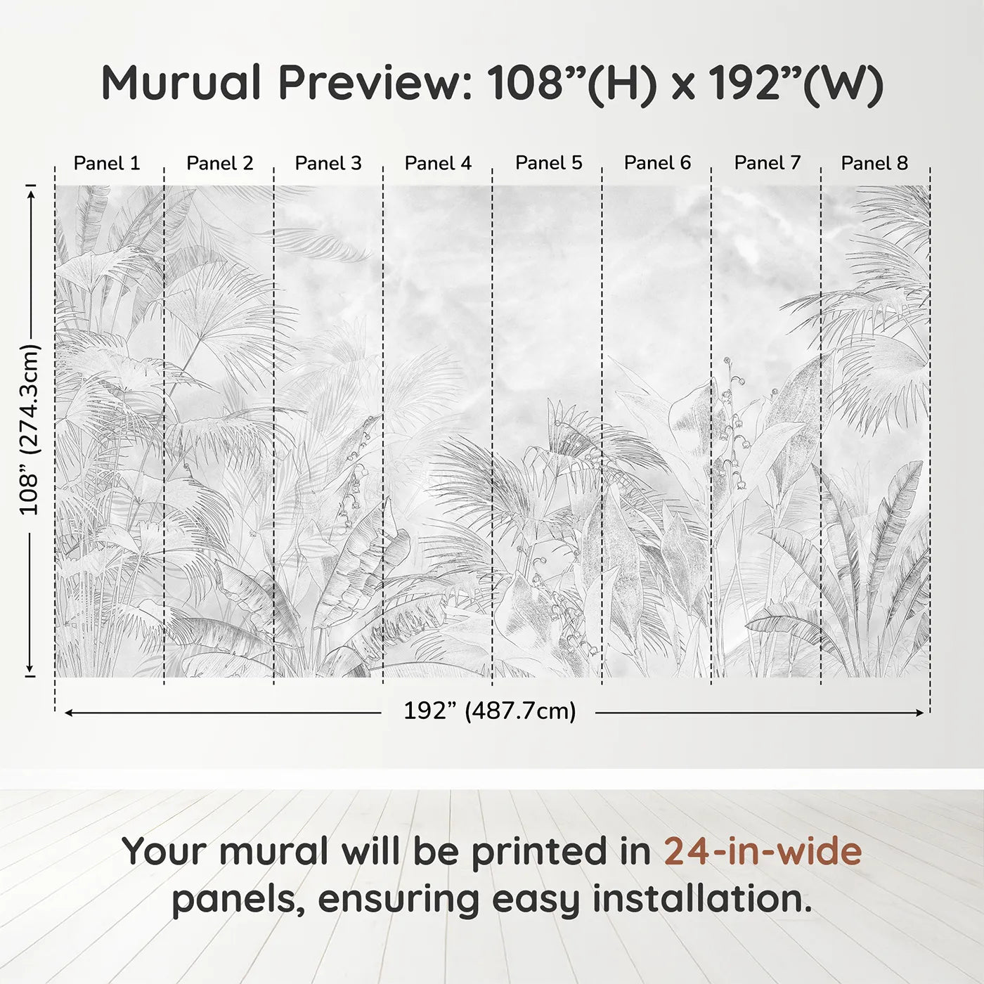 Whimsy Tots Tropical Line Art Wall Muraldimension view (108" H x 192" W). Printed in eight 24-inch-wide panels. Gender-Neutral