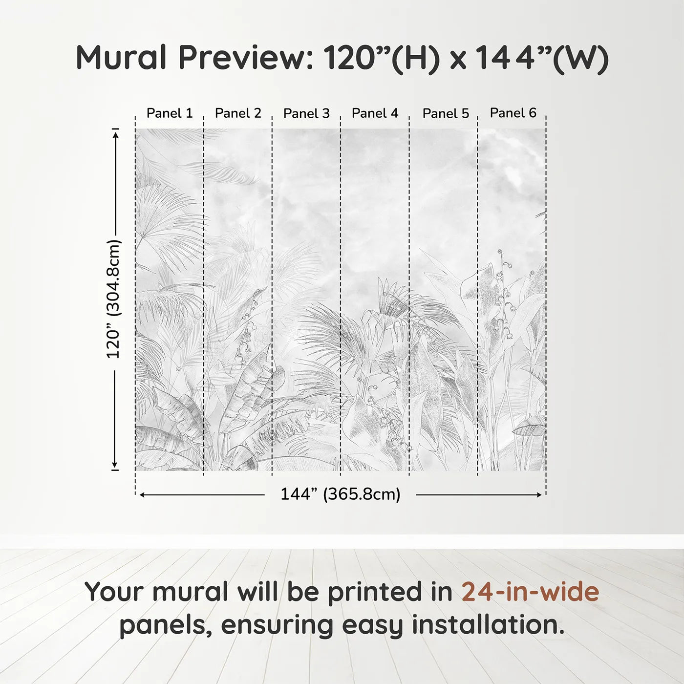Whimsy Tots Tropical Line Art Wall Muraldimension view (120" H x 144" W). Printed in six 24-inch-wide panels. Gender-Neutral