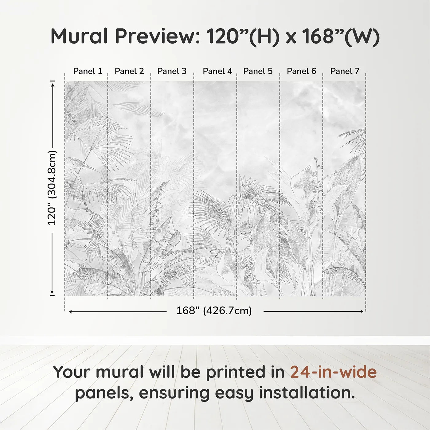Whimsy Tots Tropical Line Art Wall Muraldimension view (120" H x 168" W). Printed in seven 24-inch-wide panels. Gender-Neutral
