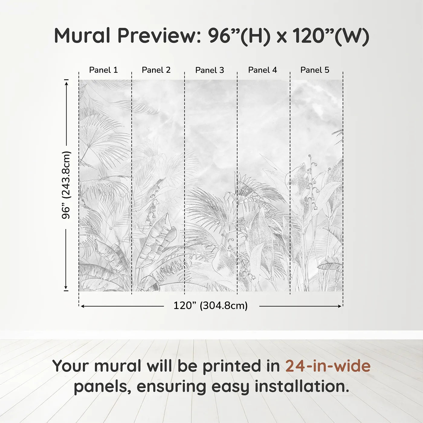 Whimsy Tots Tropical Line Art Wall Muraldimension view (96" H x 120" W). Printed in five 24-inch-wide panels. Gender-Neutral