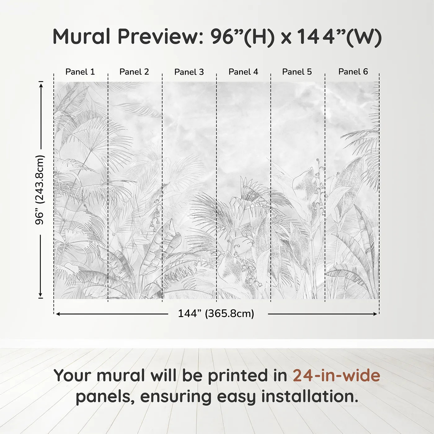 Whimsy Tots Tropical Line Art Wall Muraldimension view (96" H x 144" W). Printed in six 24-inch-wide panels. Gender-Neutral