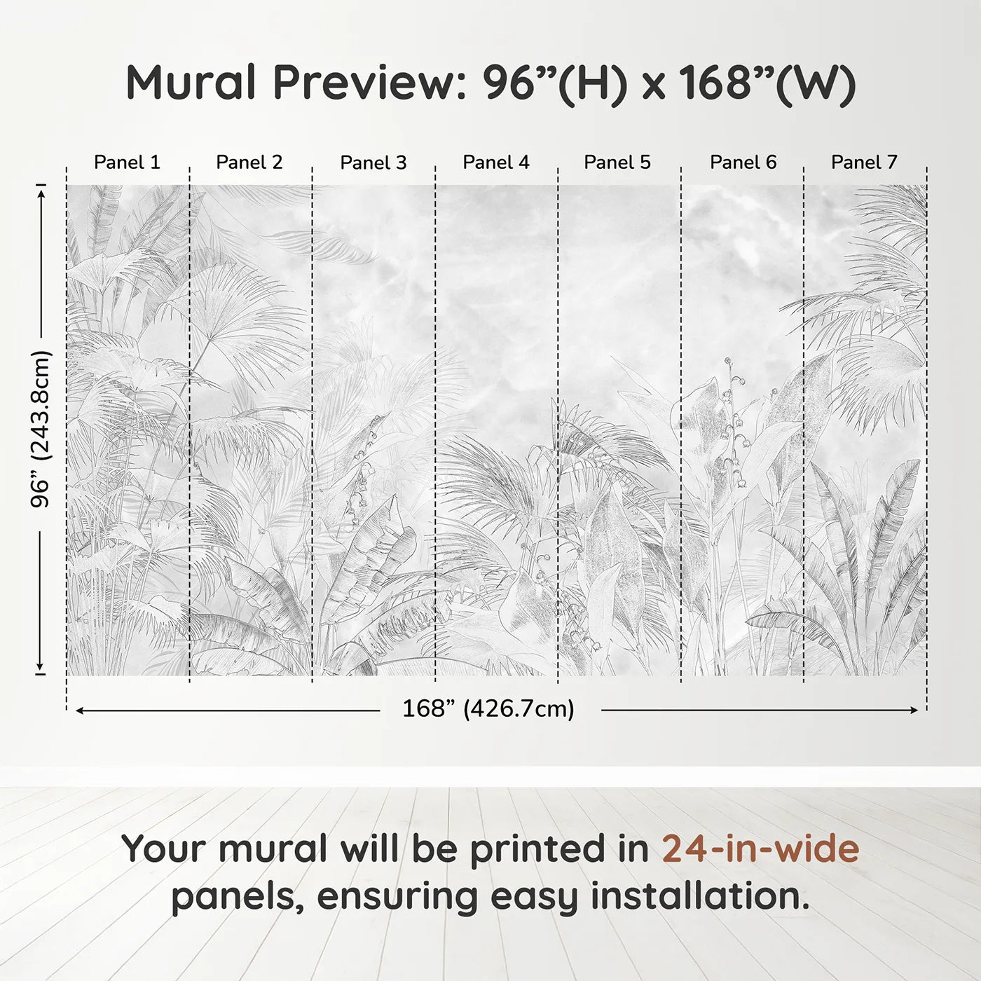 Whimsy Tots Tropical Line Art Wall Muraldimension view (96" H x 168" W). Printed in seven 24-inch-wide panels. Gender-Neutral