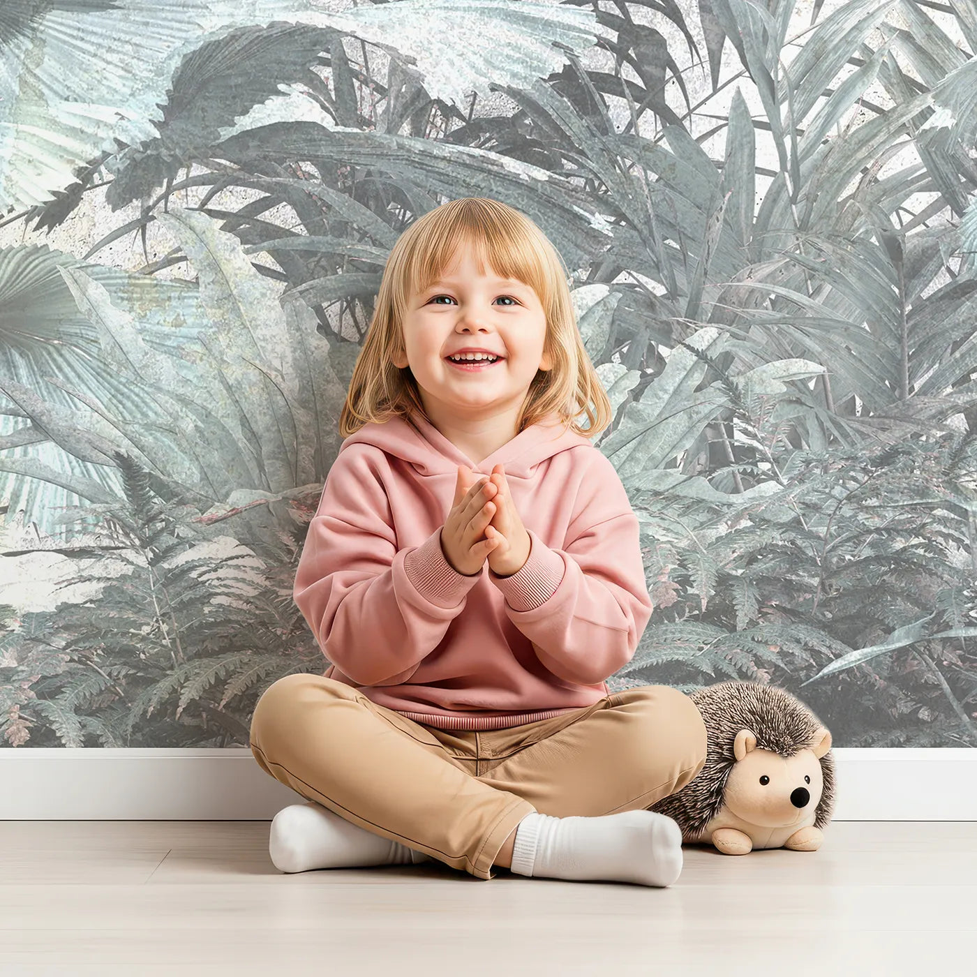 Child in front of Whimsy Tots Muted Tropical Plants Wall Mural with tropical, plant, leaf, concrete, grunge, green, gray, modern in design.