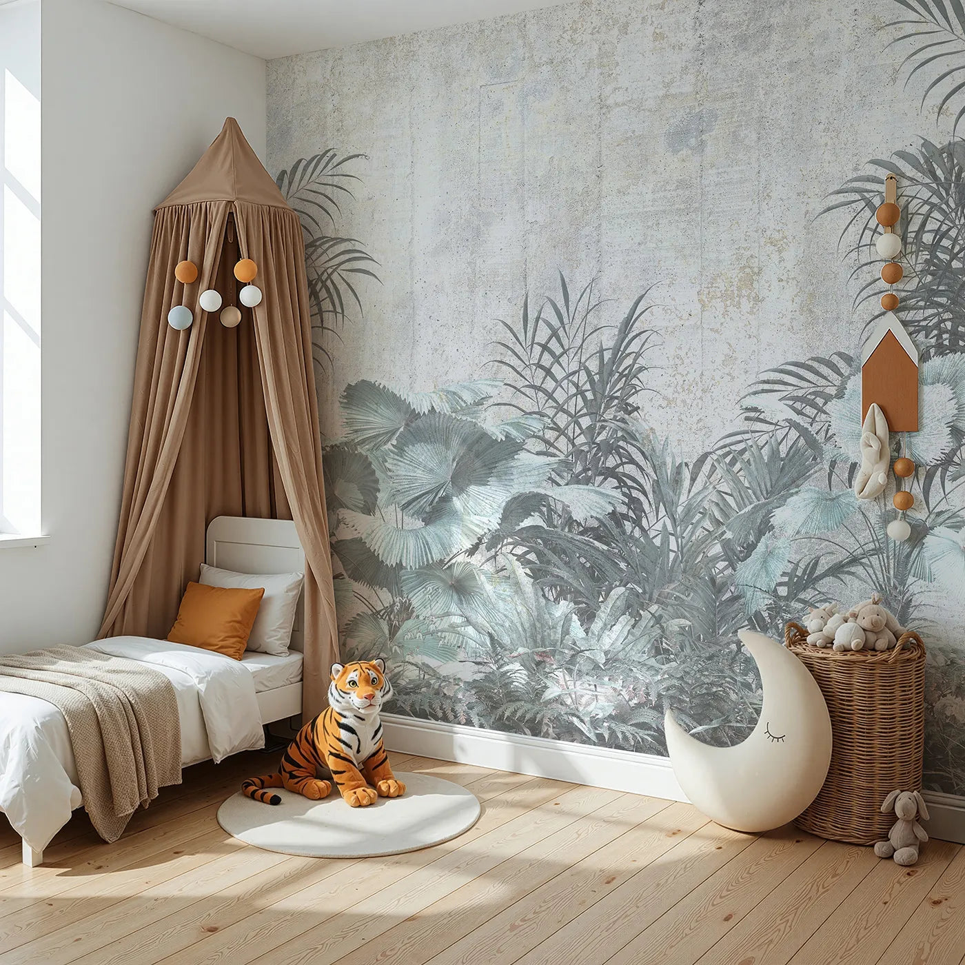 Angled view of Whimsy Tots' Muted Tropical Plants Wall Mural (Turn Their Room into a Chic, Industrial Jungle).Gender-Neutral