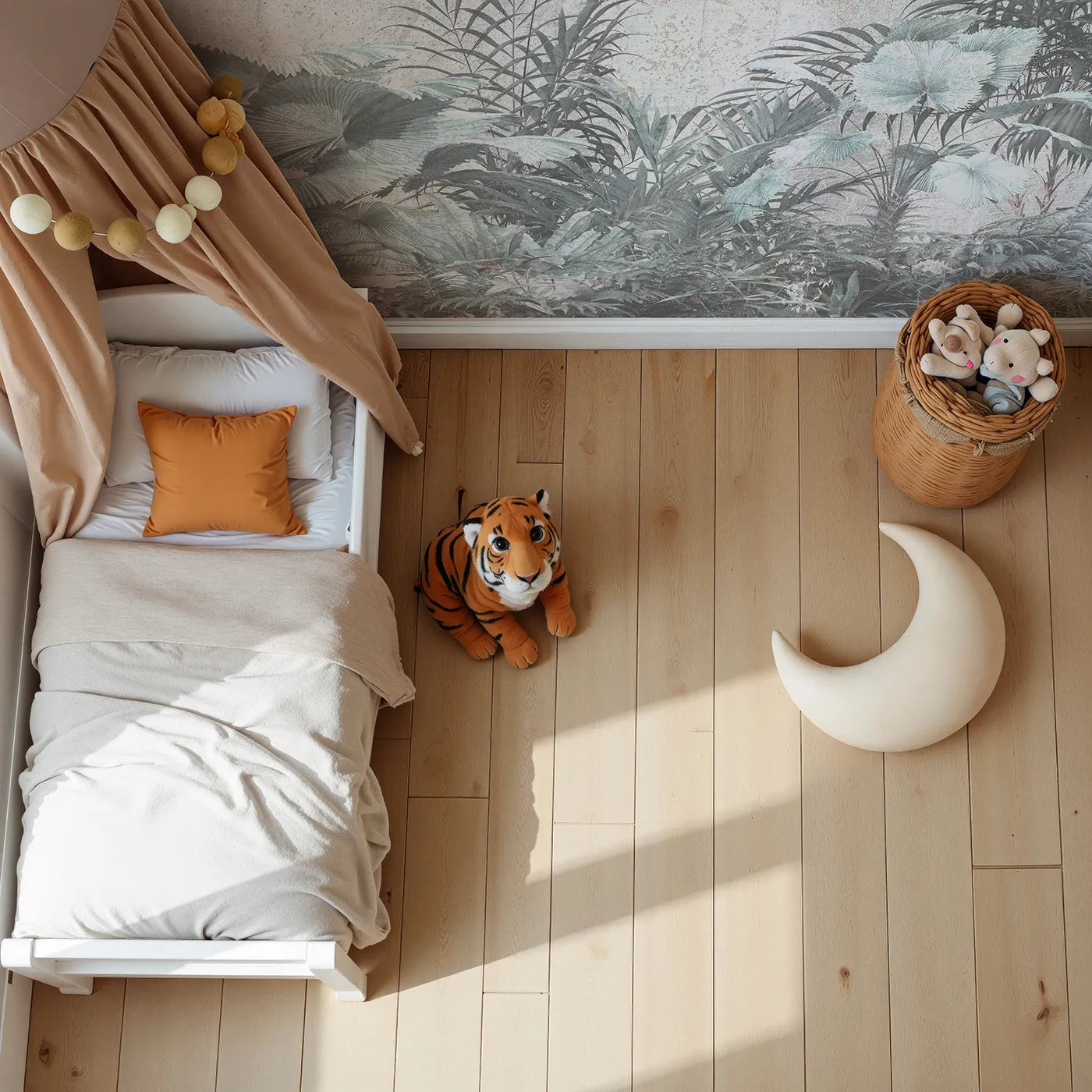 Top-down view of Whimsy Tots' Muted Tropical Plants Wall Mural (Turn Their Room into a Chic, Industrial Jungle).Gender-Neutral
