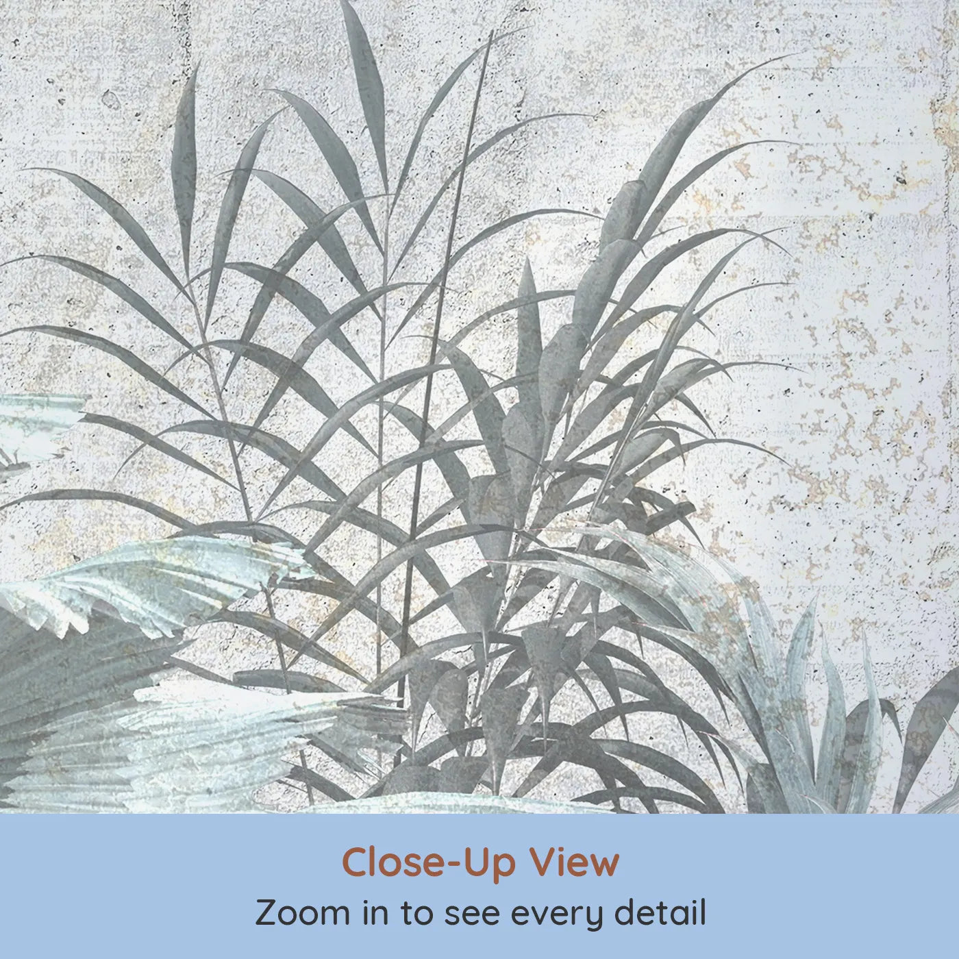 Close-up view of Whimsy Tots' Muted Tropical Plants Wall Mural (Turn Their Room into a Chic, Industrial Jungle).Gender-Neutral
