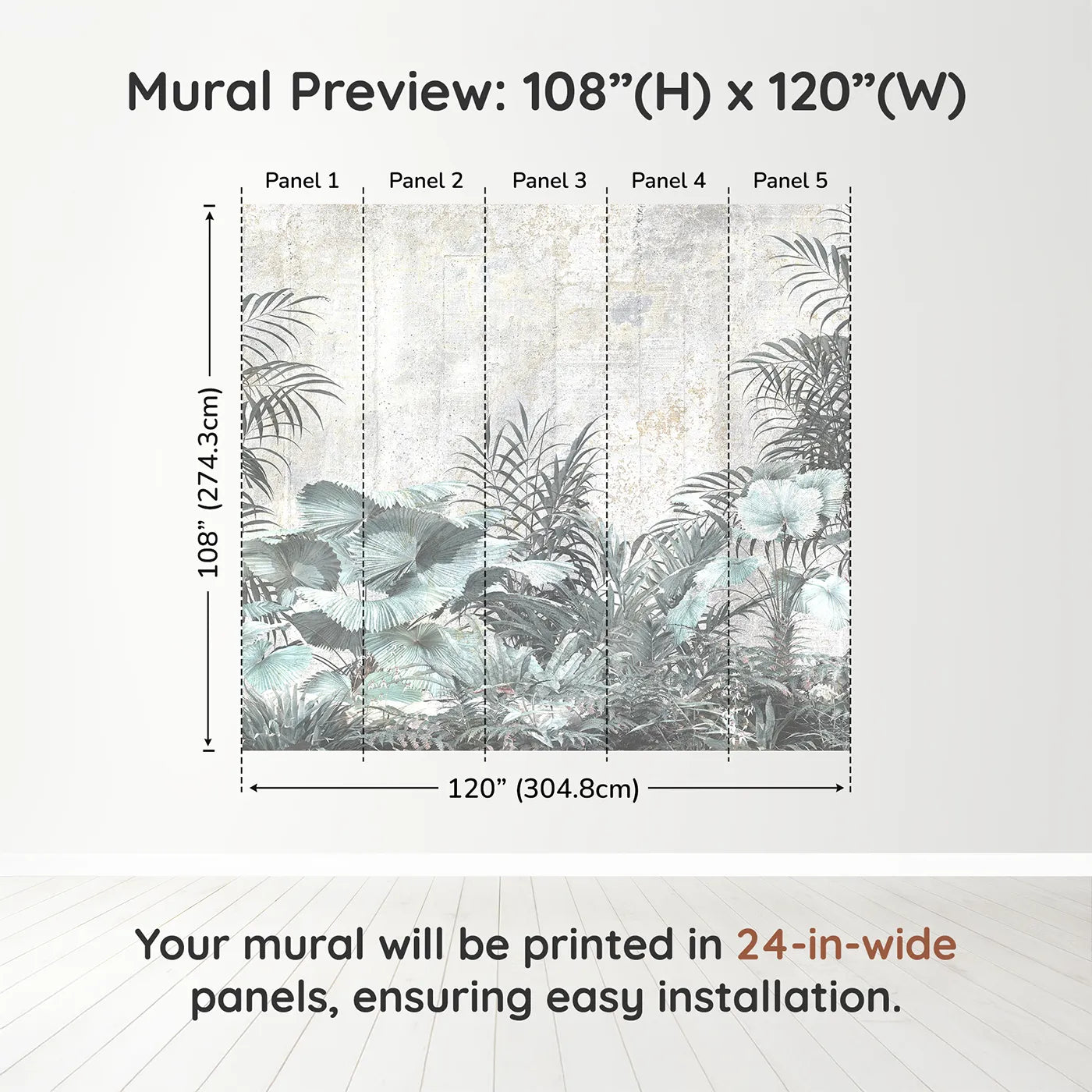 Whimsy Tots Muted Tropical Plants Wall Muraldimension view (108" H x 120" W). Printed in five 24-inch-wide panels. Gender-Neutral