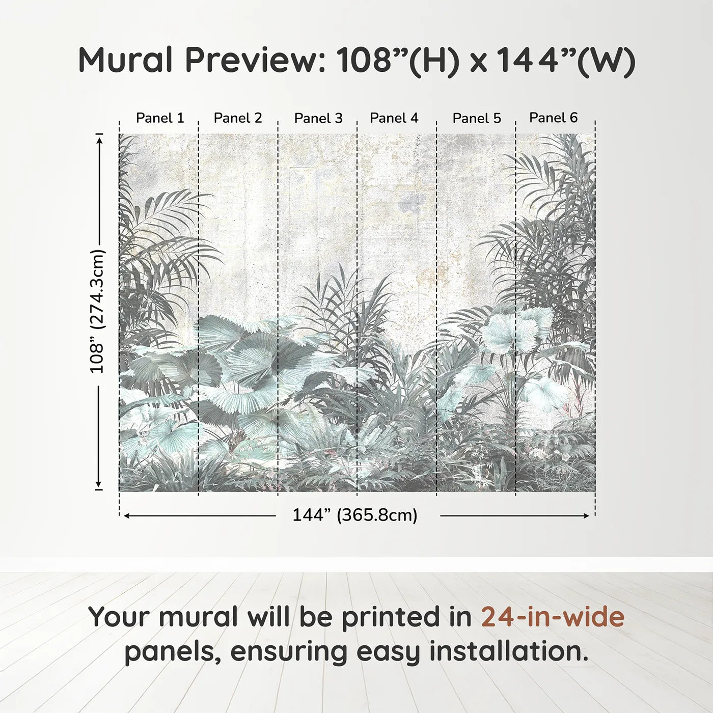 Whimsy Tots Muted Tropical Plants Wall Muraldimension view (108" H x 144" W). Printed in six 24-inch-wide panels. Gender-Neutral