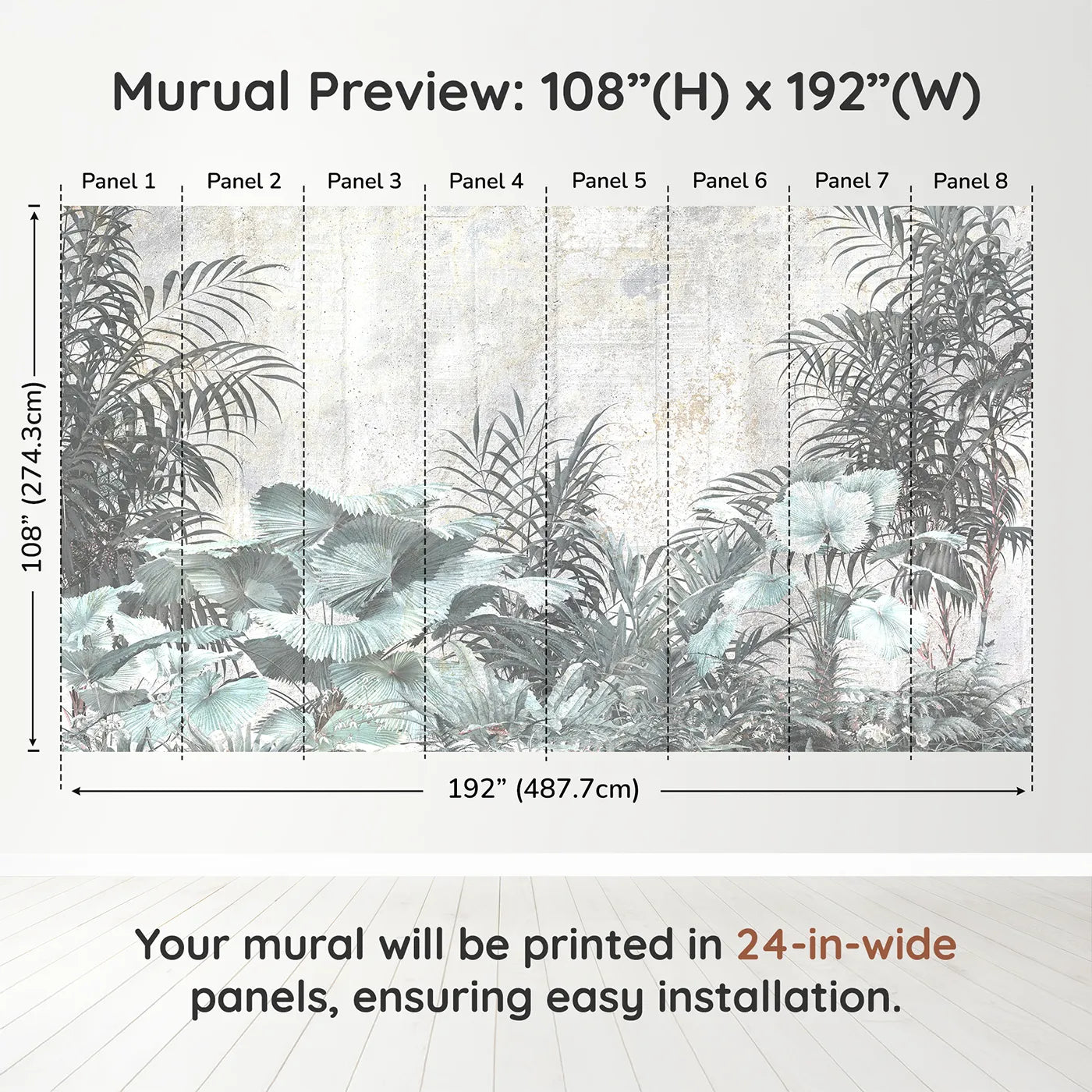 Whimsy Tots Muted Tropical Plants Wall Muraldimension view (108" H x 192" W). Printed in eight 24-inch-wide panels. Gender-Neutral
