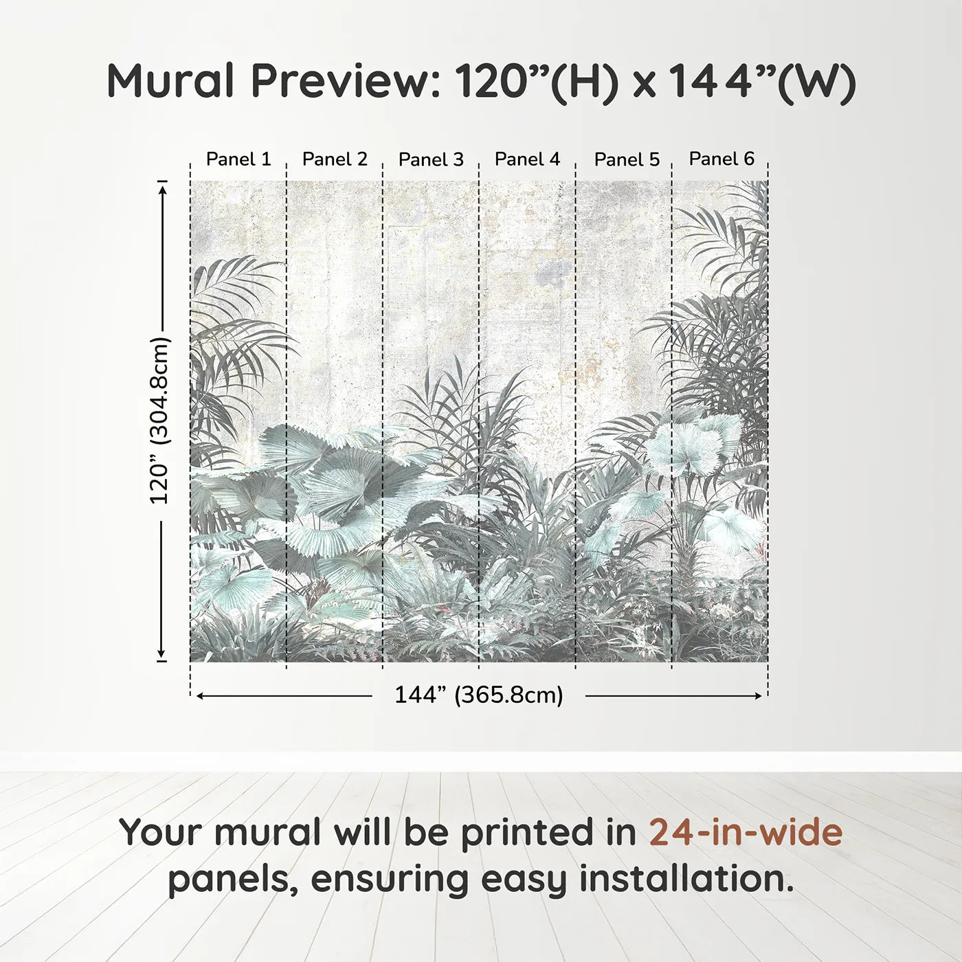 Whimsy Tots Muted Tropical Plants Wall Muraldimension view (120" H x 144" W). Printed in six 24-inch-wide panels. Gender-Neutral