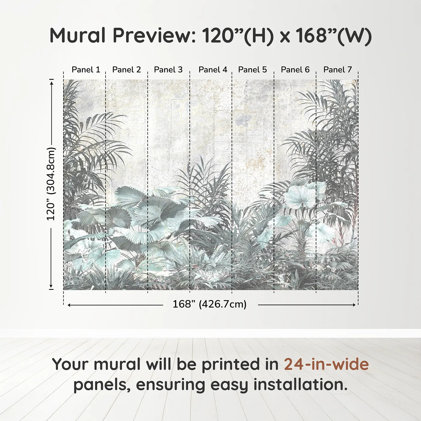 Whimsy Tots Muted Tropical Plants Wall Muraldimension view (120" H x 168" W). Printed in seven 24-inch-wide panels. Gender-Neutral
