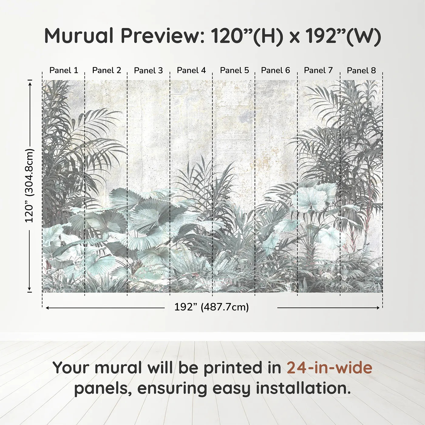 Whimsy Tots Muted Tropical Plants Wall Muraldimension view (120" H x 192" W). Printed in eight 24-inch-wide panels. Gender-Neutral
